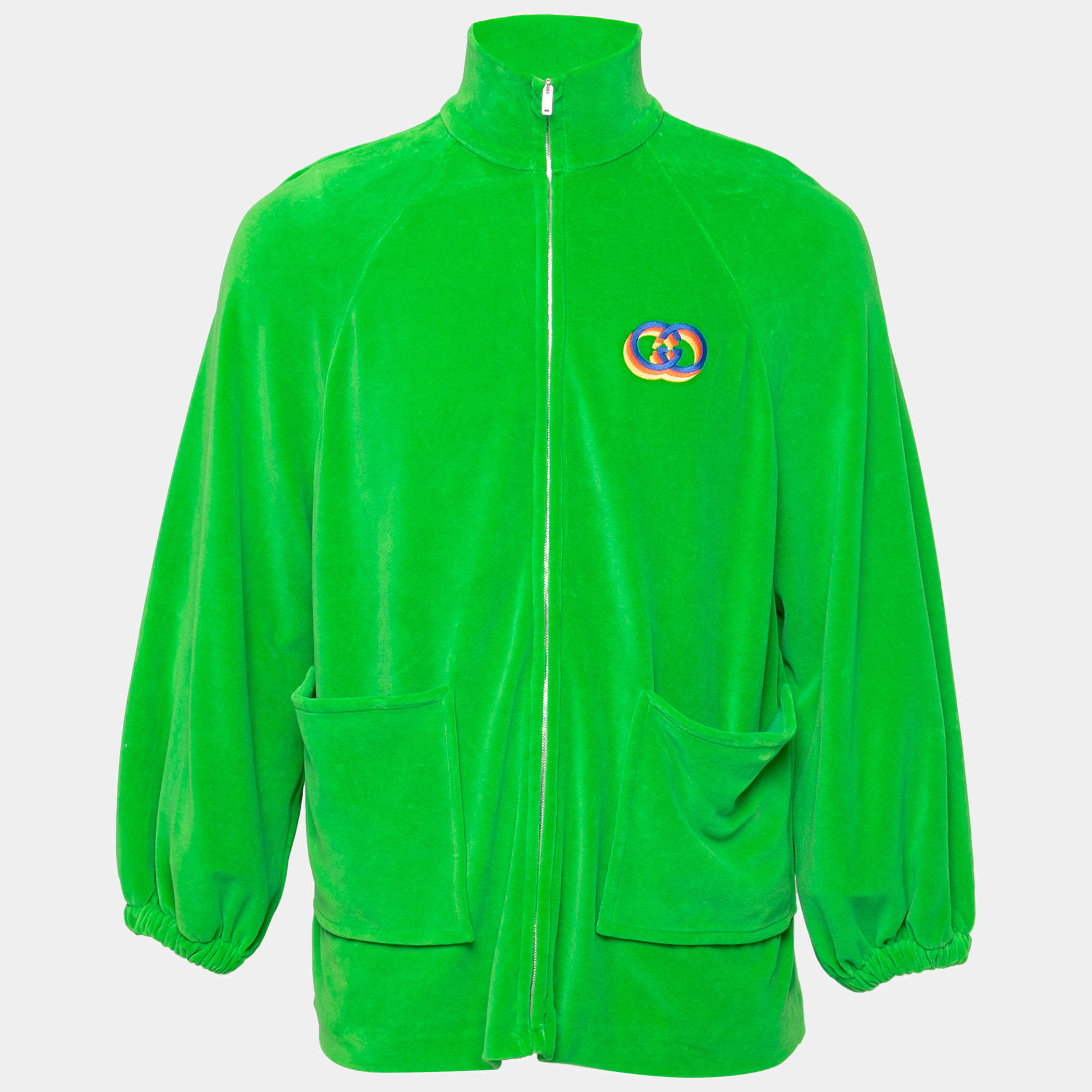 Pre Owned Gucci Green Velor GG Embroidered Zip Front Sweater S