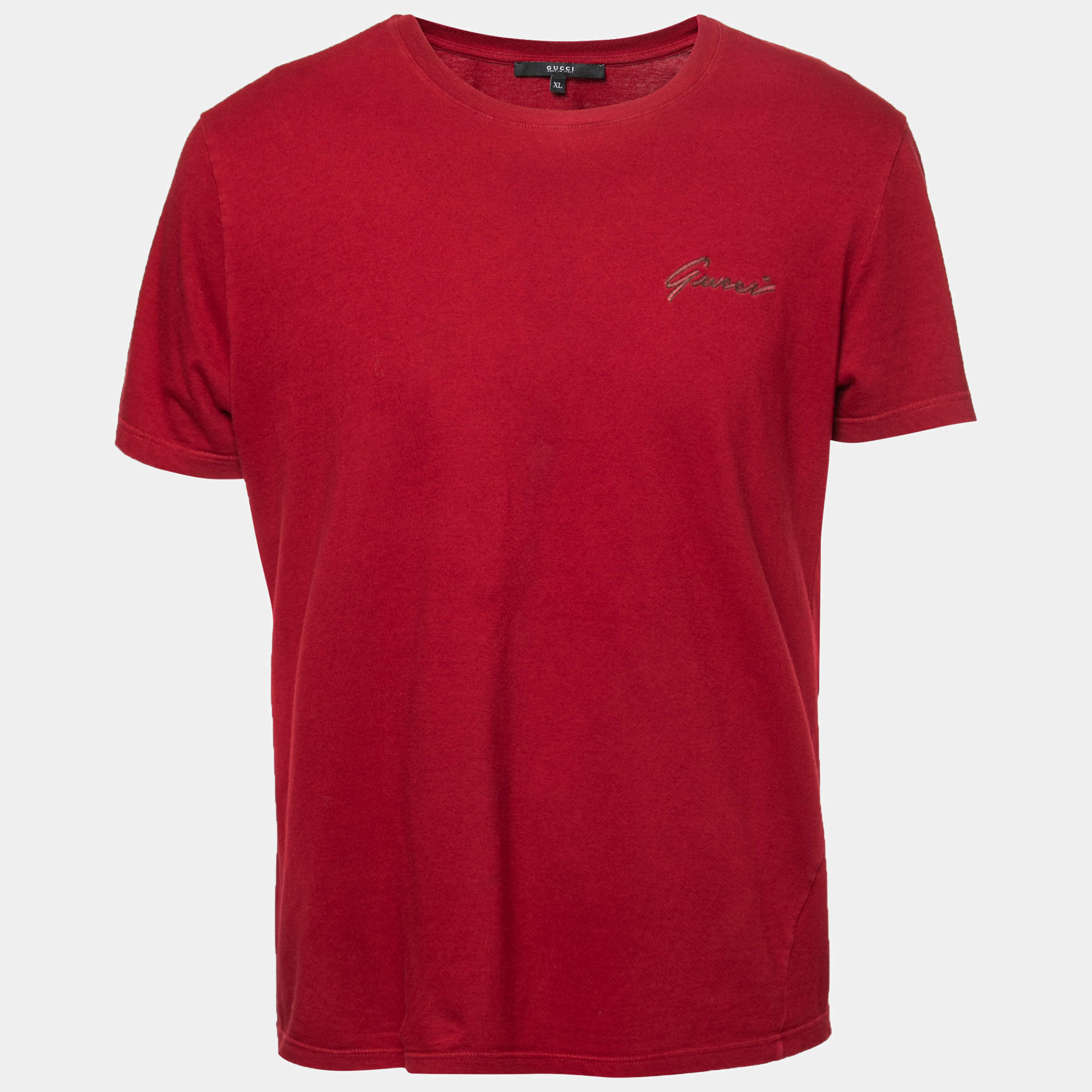 Pre Owned Gucci Burgundy Cotton Crew Neck T-Shirt XL