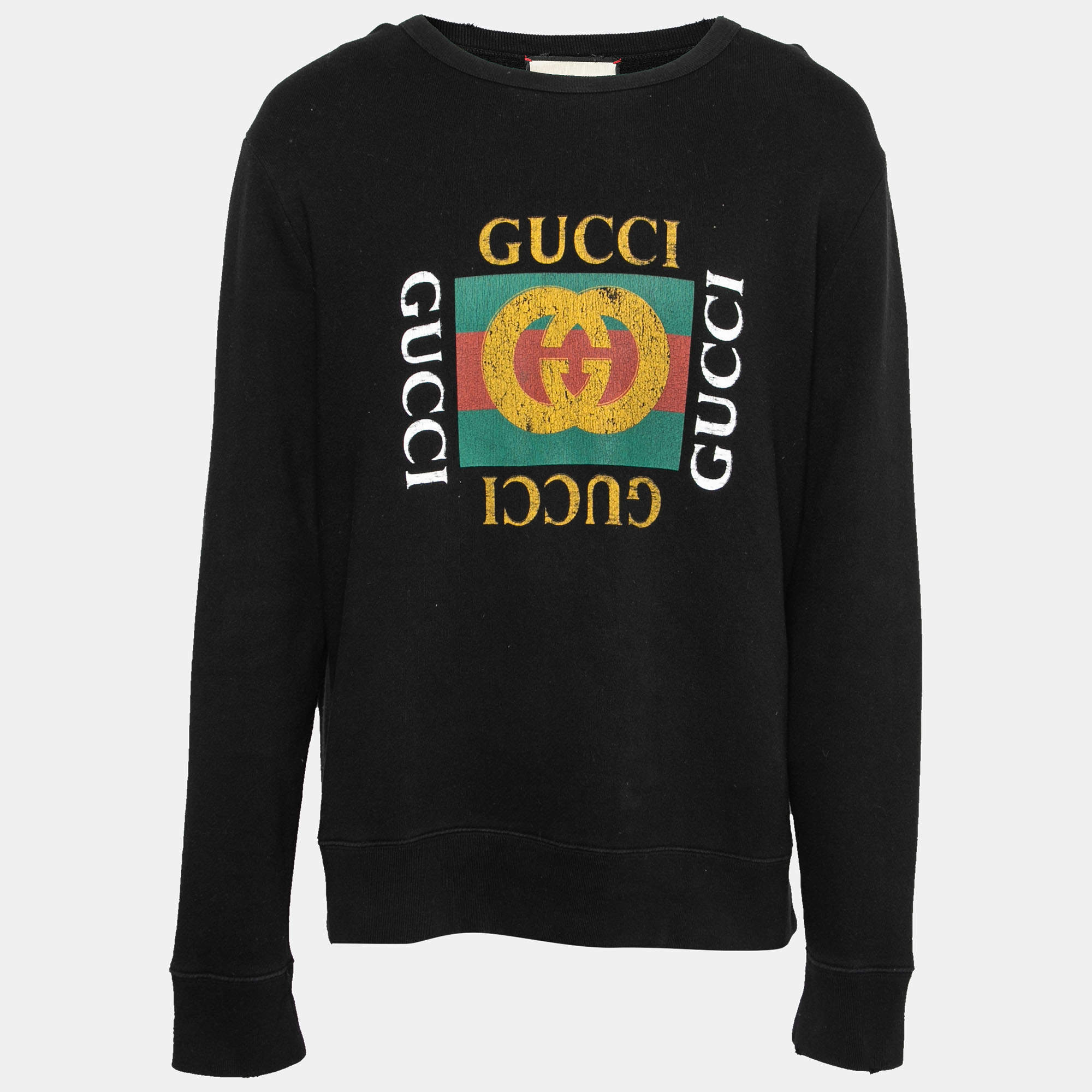 Pre Owned Gucci Black Distressed Cotton Vintage Logo Print Sweatshirt XL