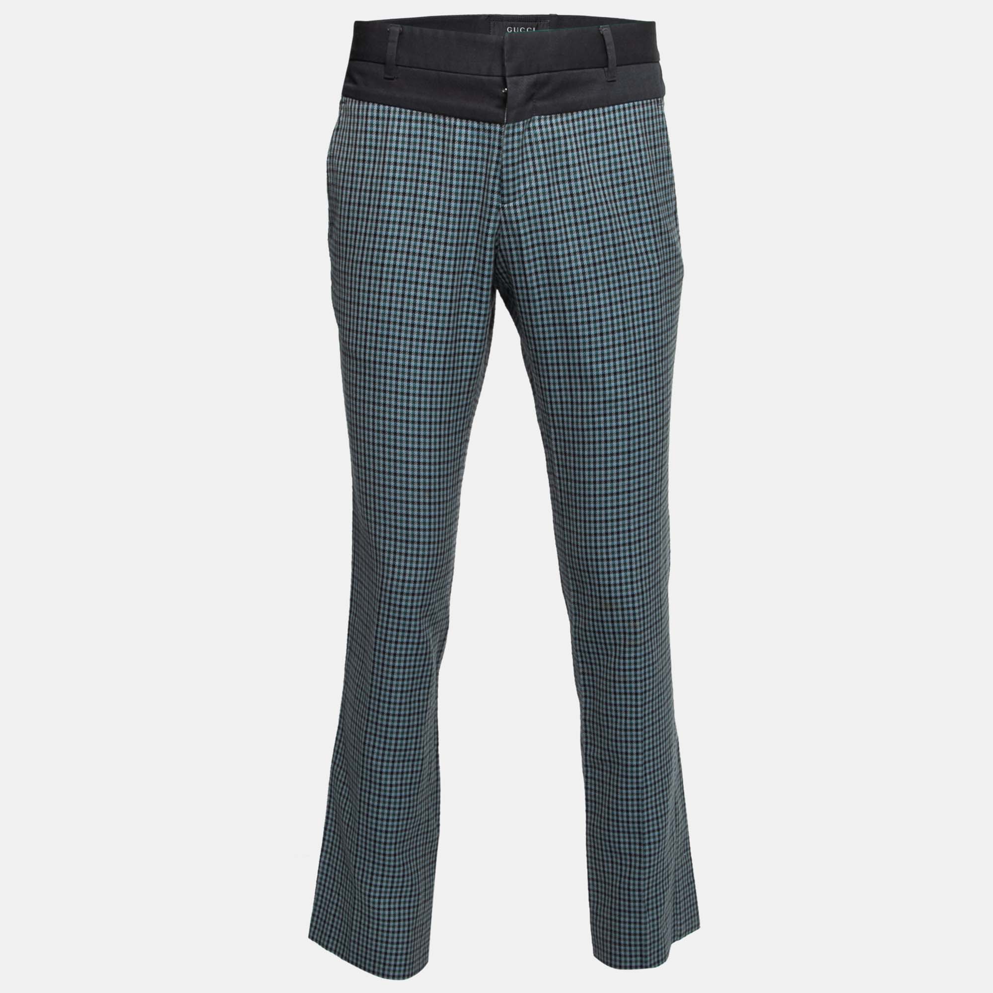 Gucci Blue & Green Check Print Cotton Skinny Fit Trousers L Waist 36"