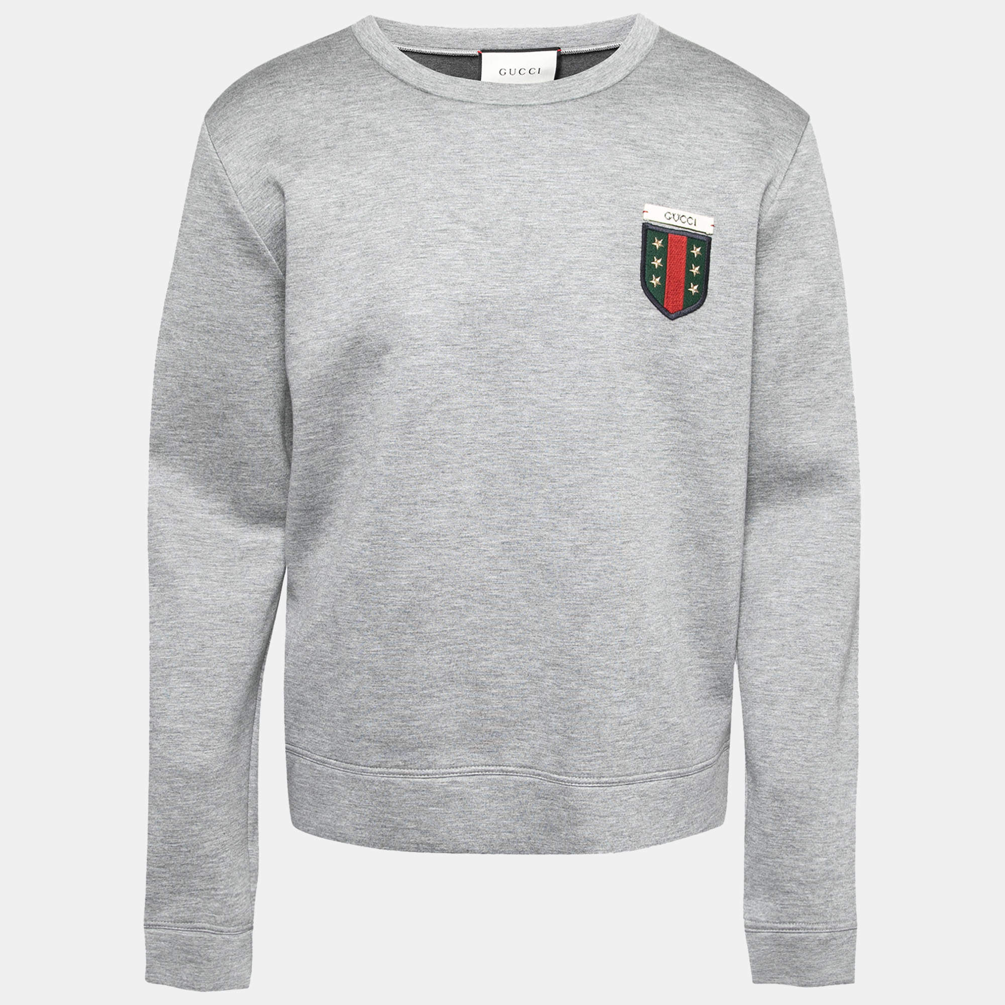 Gucci Heather Grey Neoprene Crest Logo Applique Sweatshirt L