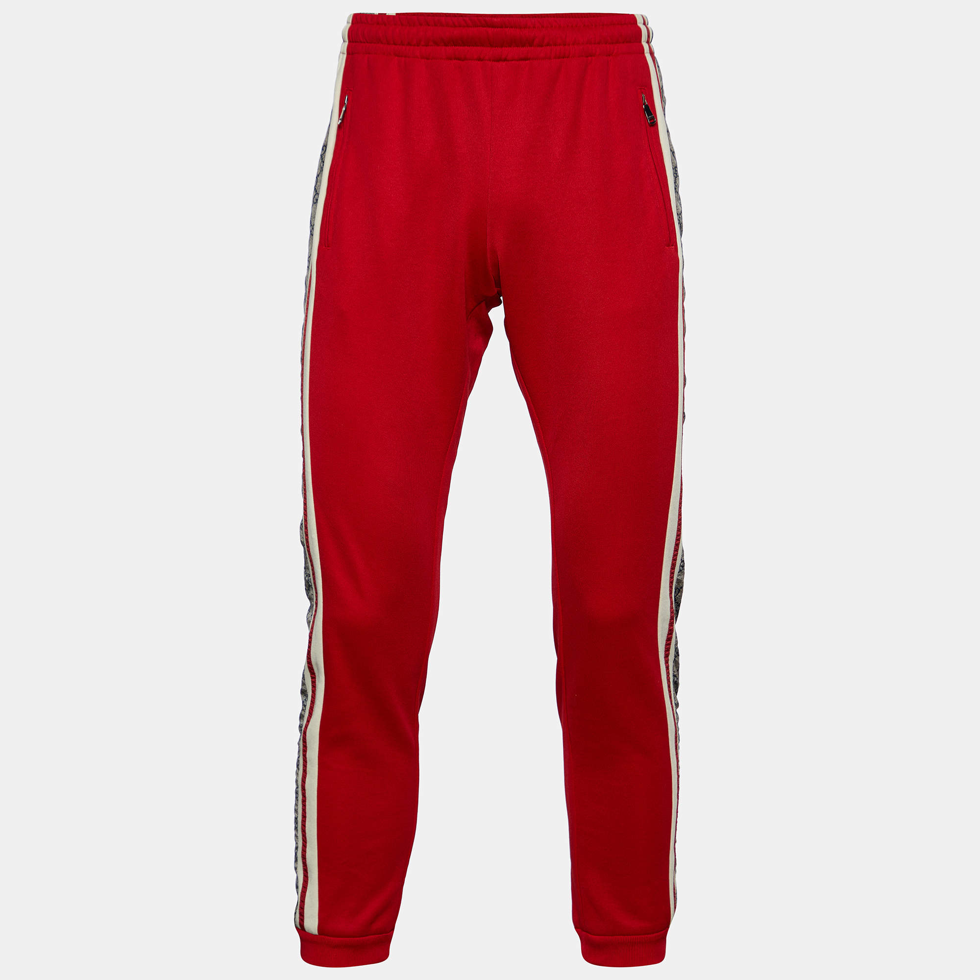 Pre Owned بنطلون رياضي غوتشي جيرسيه تقني أحمر مزين شريط جي جي متباين مقاس صغير (سمول)