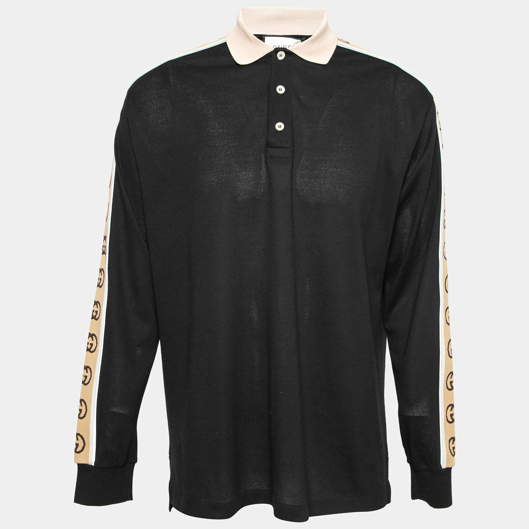Gucci Black Cotton Pique Logo Tape Trimmed Polo T-Shirt XL