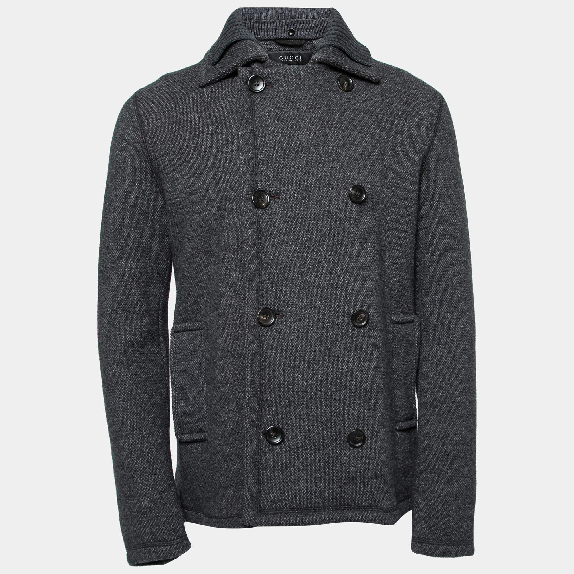 Gucci Charcoal Grey Knitted Wool Double-Breasted Coat S