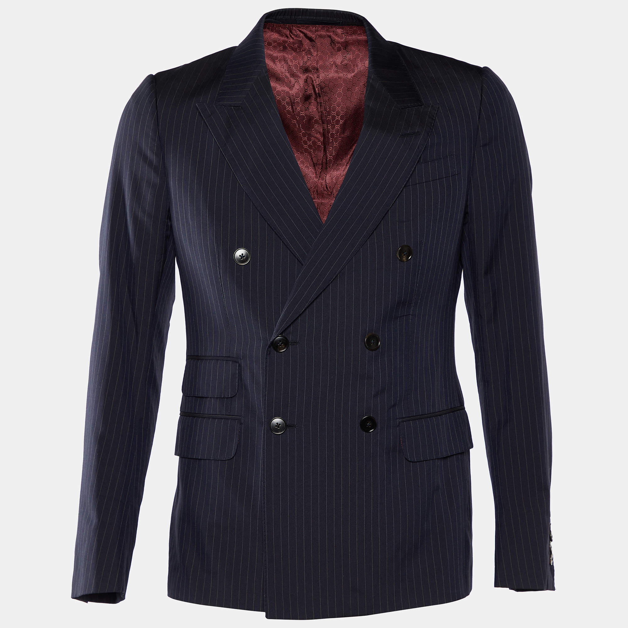 Pre Owned Gucci Navy Blue Striped Cotton & Silk Double Breasted Blazer M