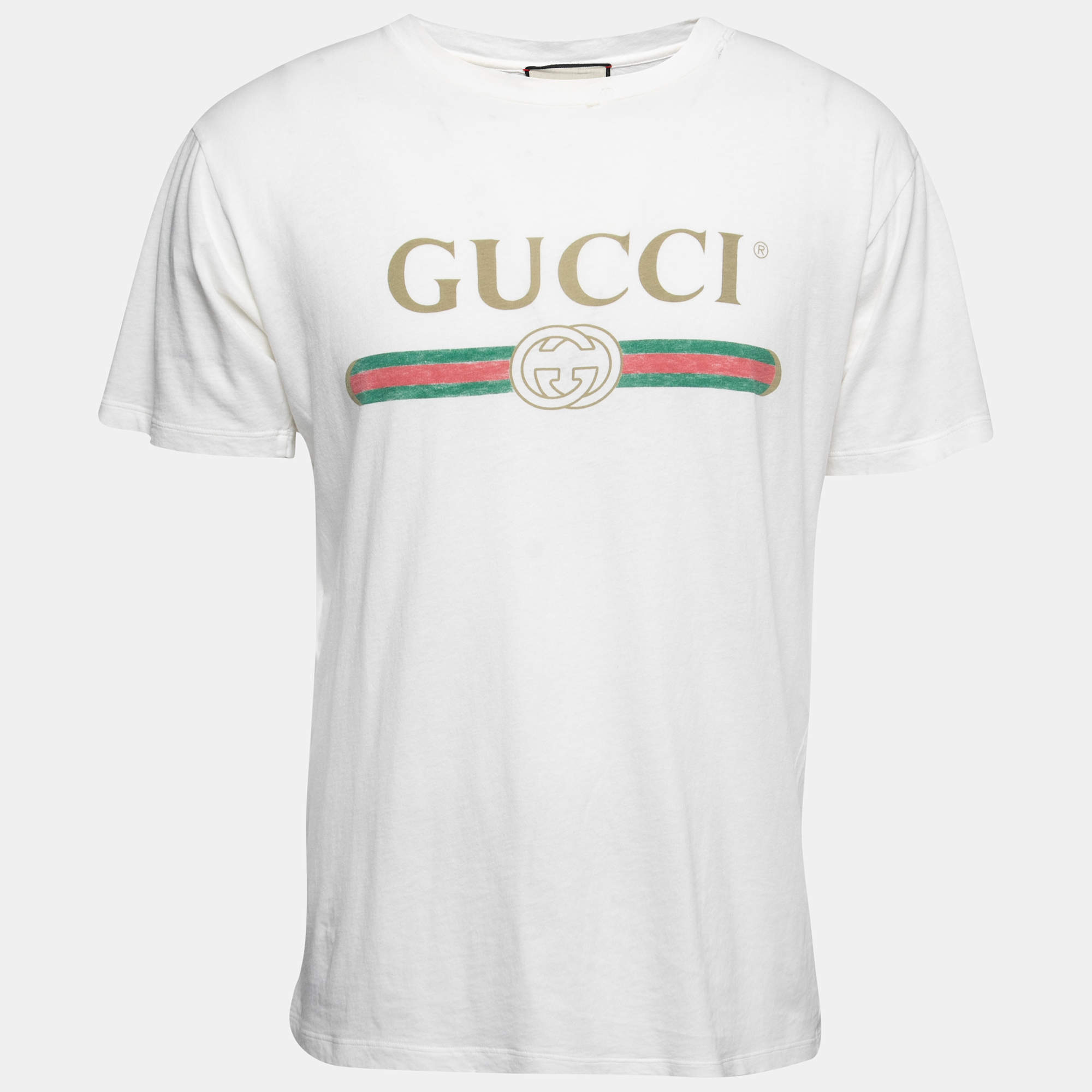Gucci White Distressed Cotton Logo Printed Crewneck T-Shirt XS
