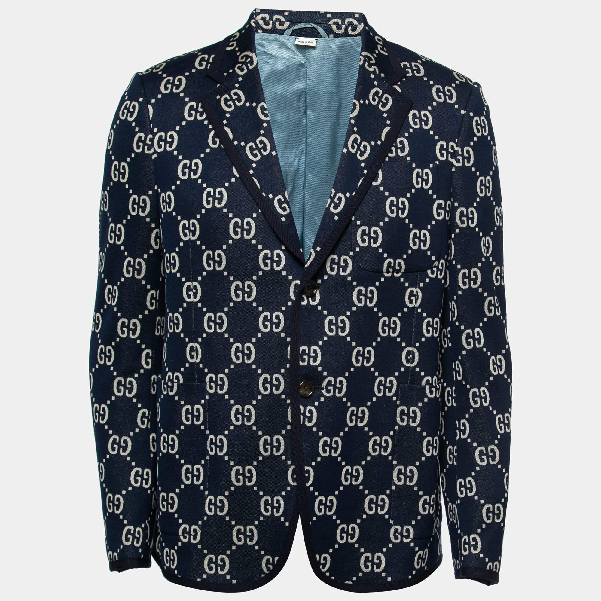 Pre Owned Gucci Dark Blue & Beige GG Jacquard Cotton Knit Blazer L