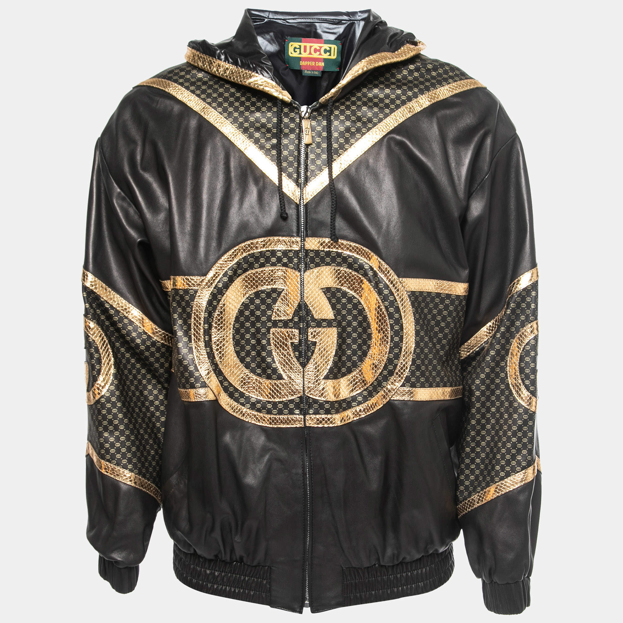 Gucci Dapper Dan Black Gold Leather Logoed Hooded Jacket M Gucci TLC