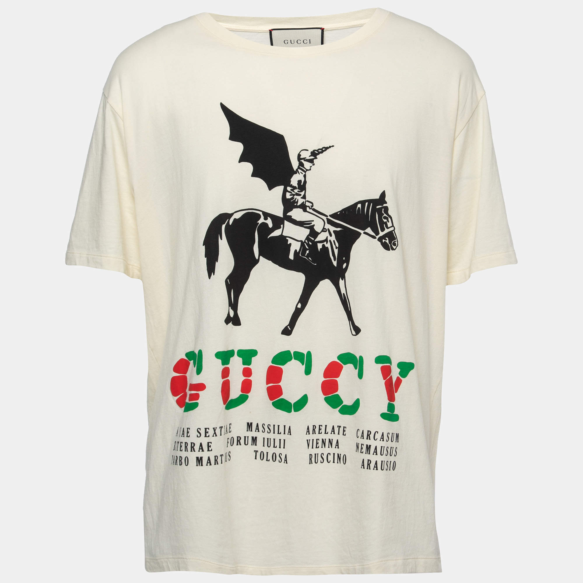 Gucci Cream Winged Jockey Logo Print Cotton Crew Neck T-Shirt XXL