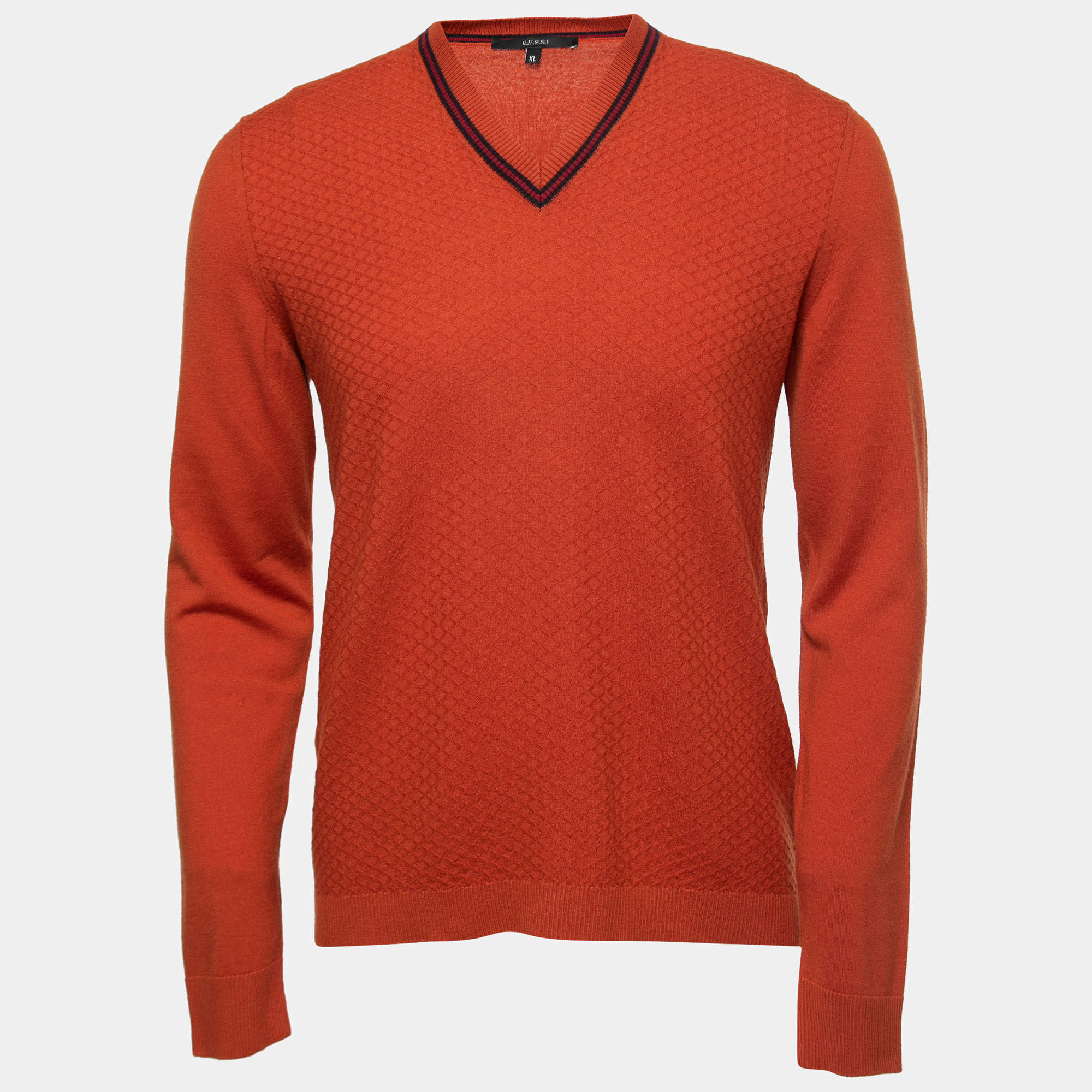 Gucci Orange Textured Wool V-Neck Pullover XL
