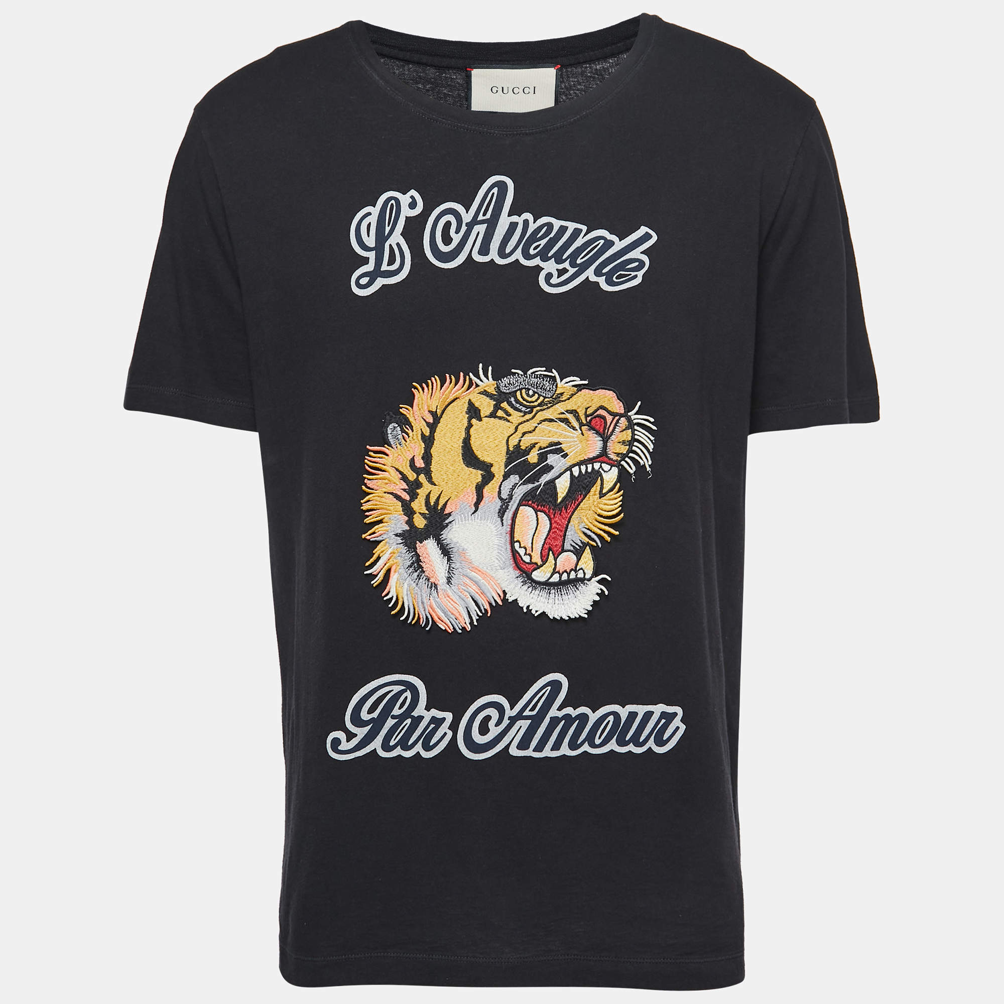 Gucci Black L'Aveugle Par Amour Tiger Embroidered Cotton T-Shirt L ...