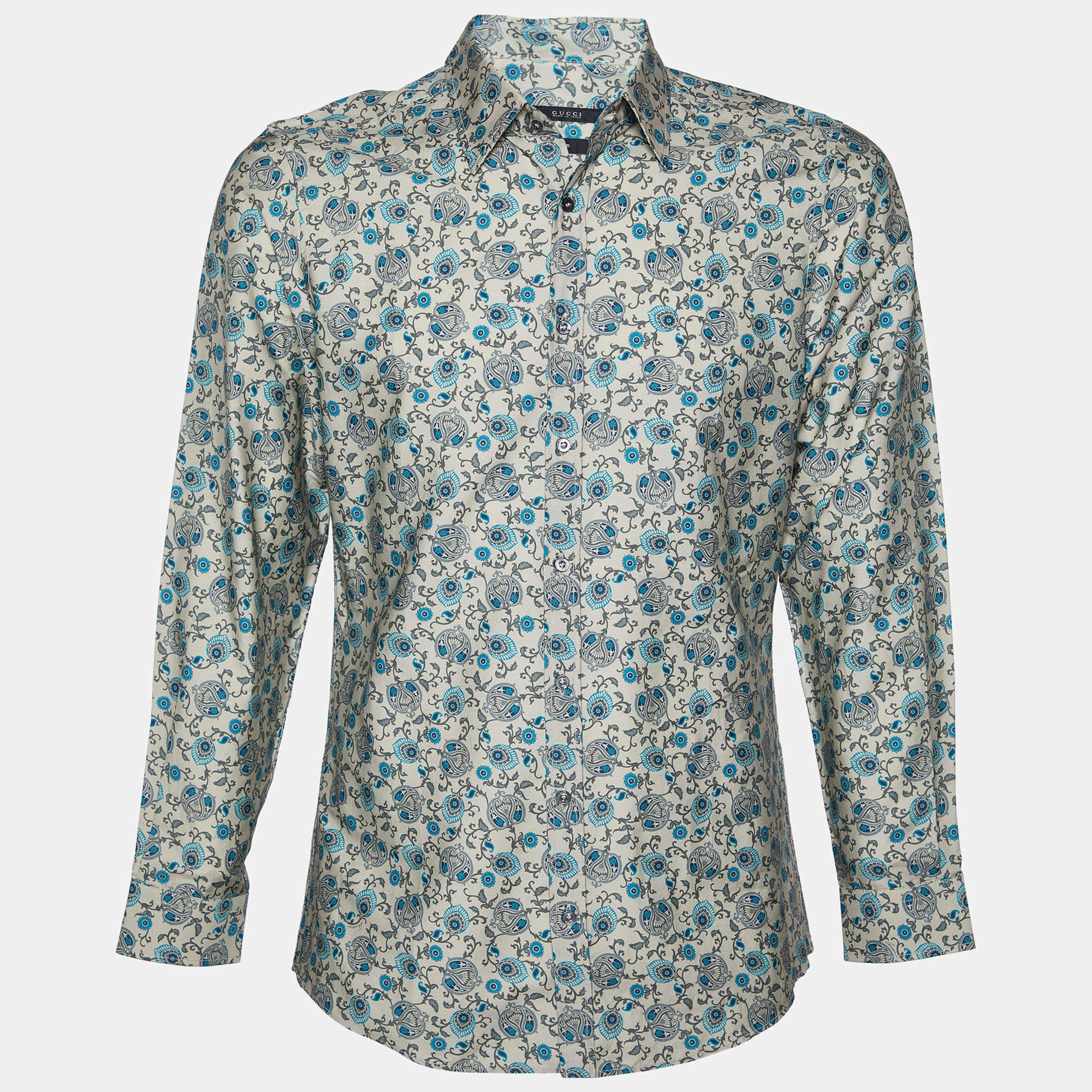 Pre Owned Gucci Beige Floral Printed Cotton Slim Fit Shirt M