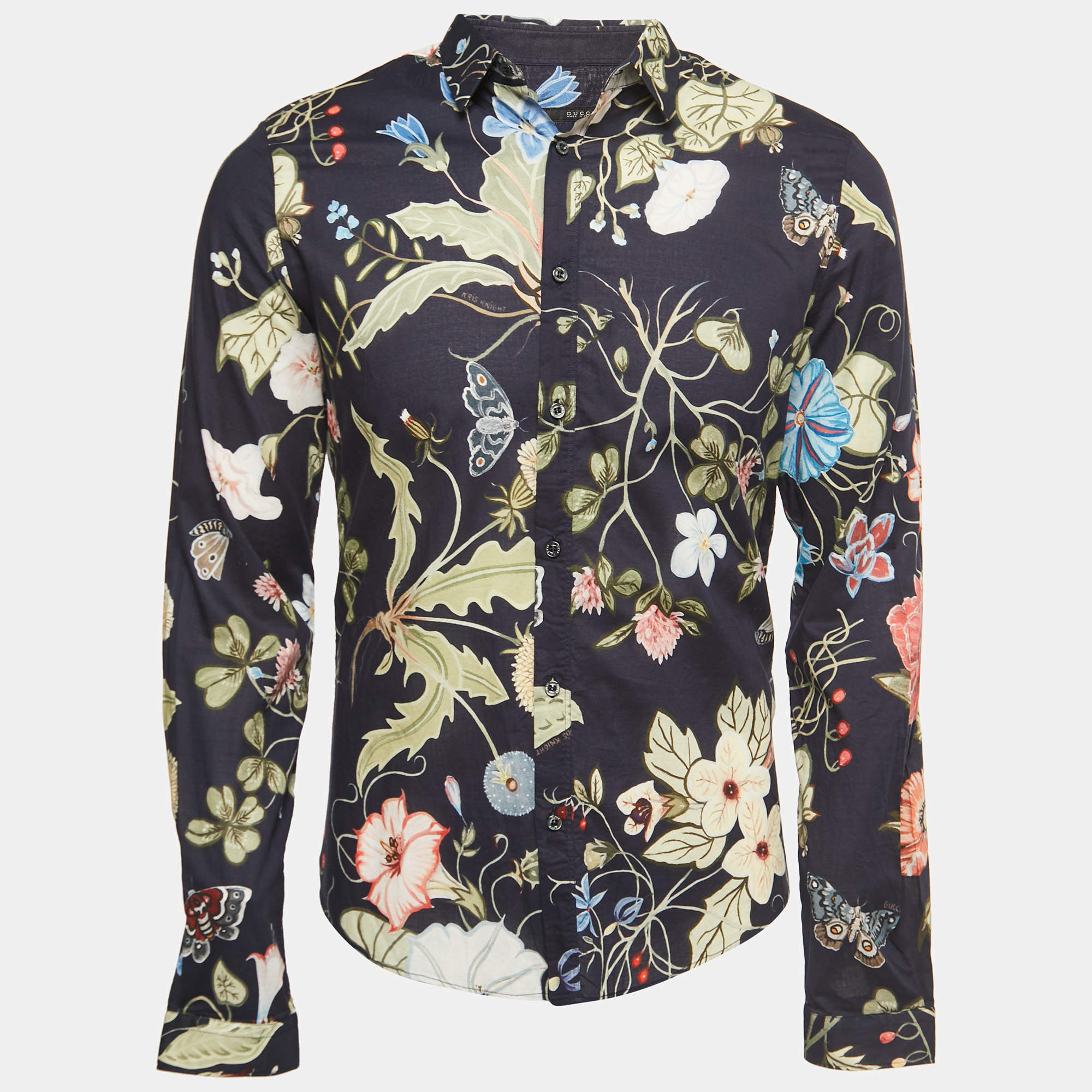 Pre Owned Gucci Navy Blue Floral Printed Cotton Full Sleeve Shirt M