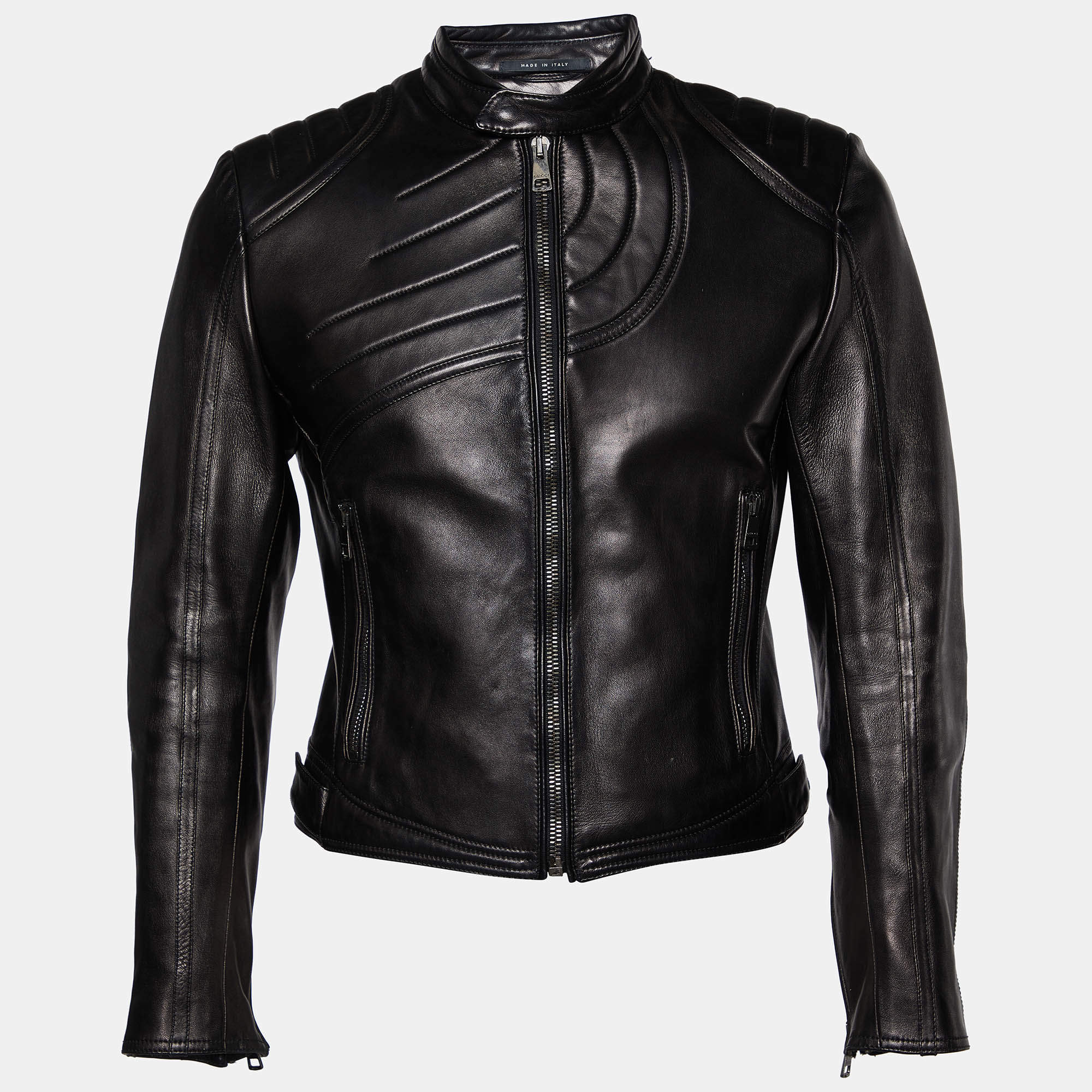 Gucci Black Leather Stitch Patterned Biker Jacket M