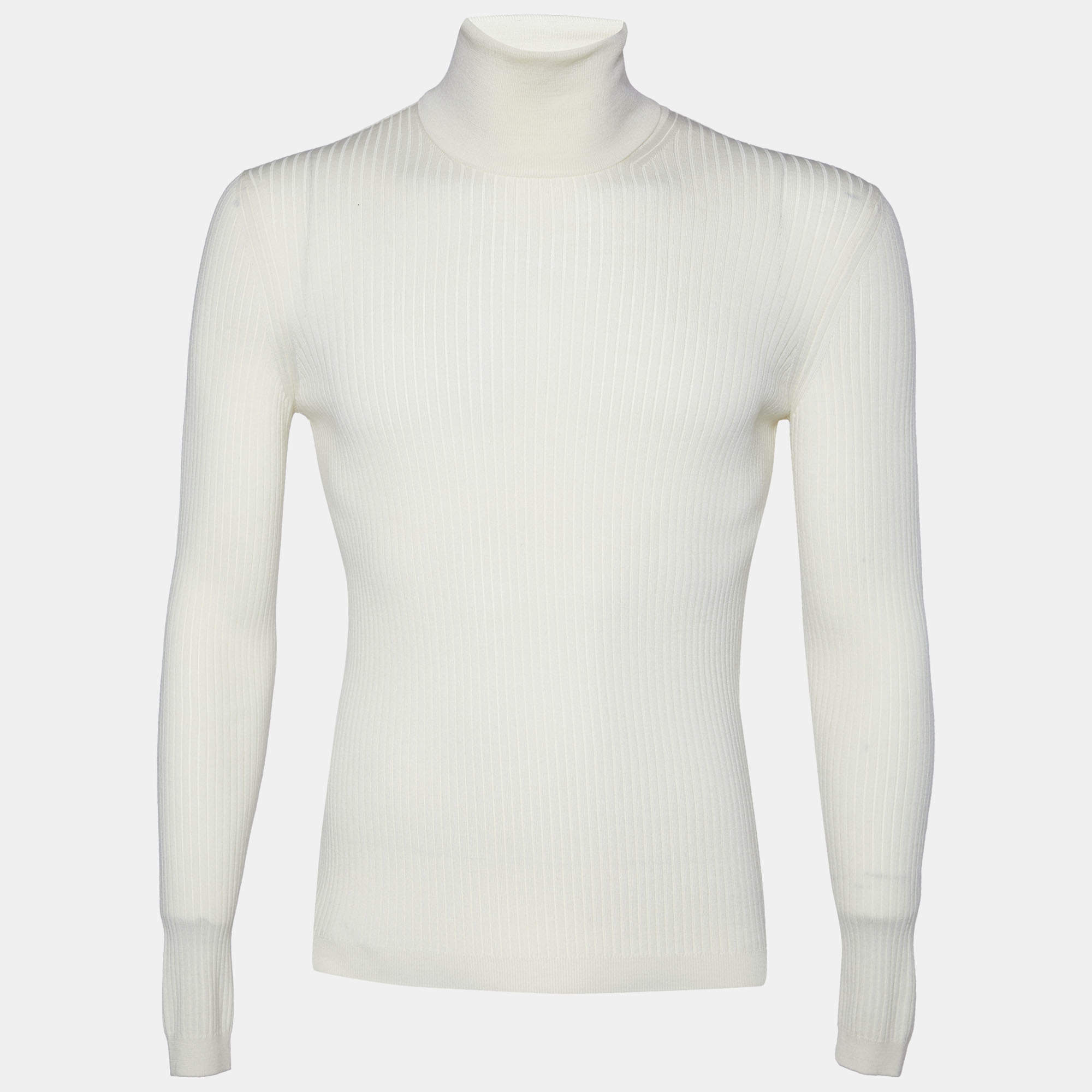 Pre Owned Gucci Cream Wool Rib Knit High Neck Sweater M