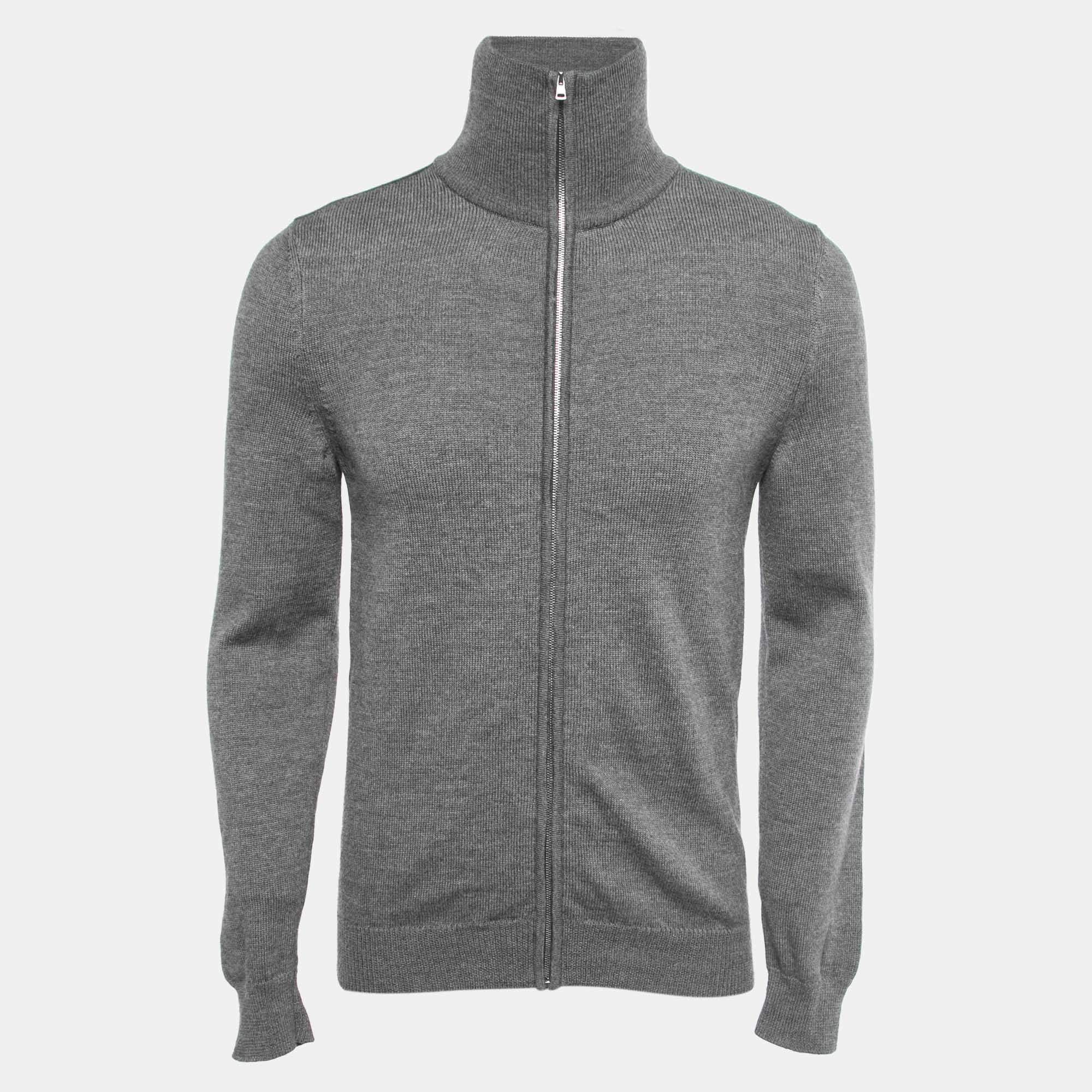 Gucci Grey Wool Web Stripe Detail Zip Front Sweater M  