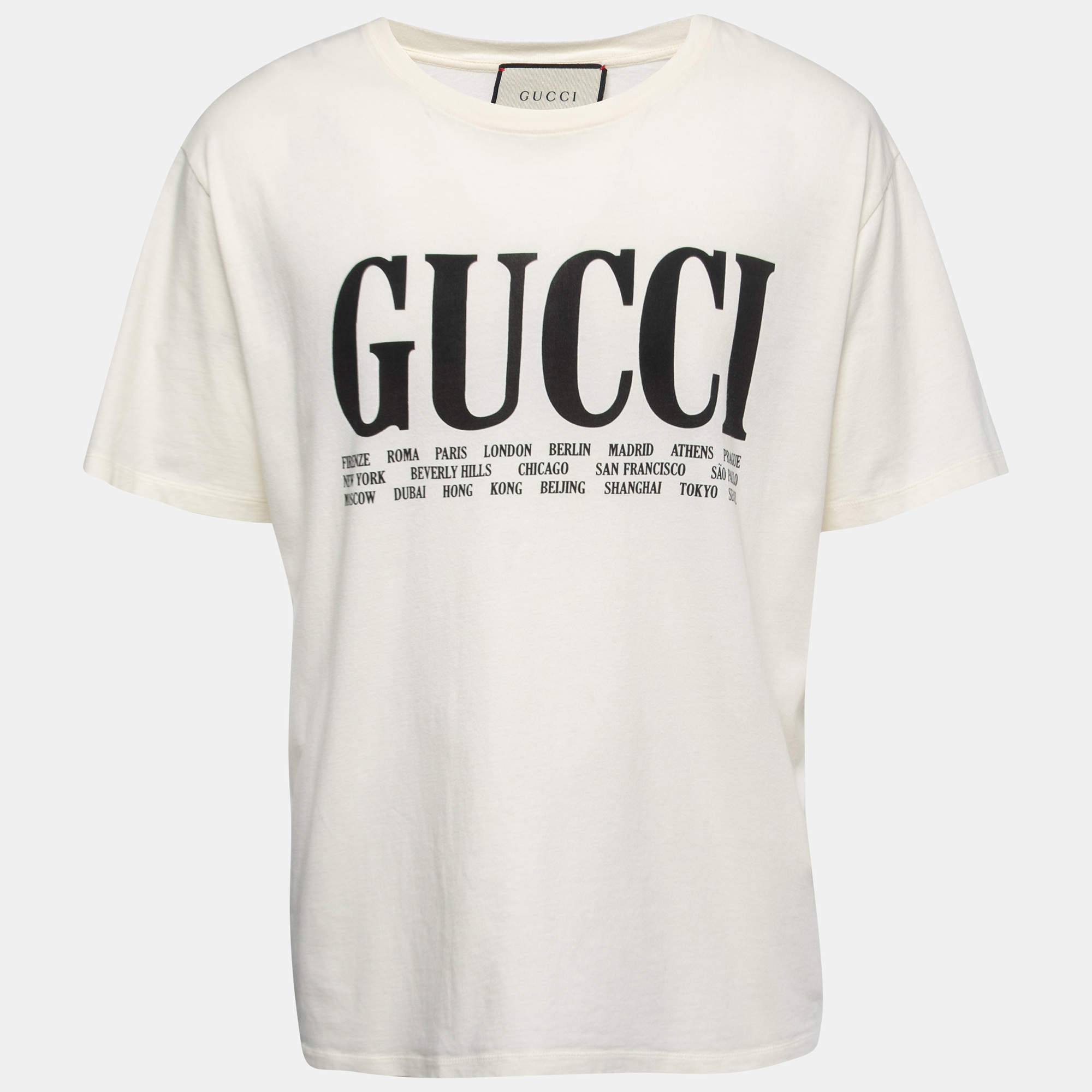 Pre Owned Gucci Cream Logo Cities Print Cotton Crew Neck T-Shirt 3XL