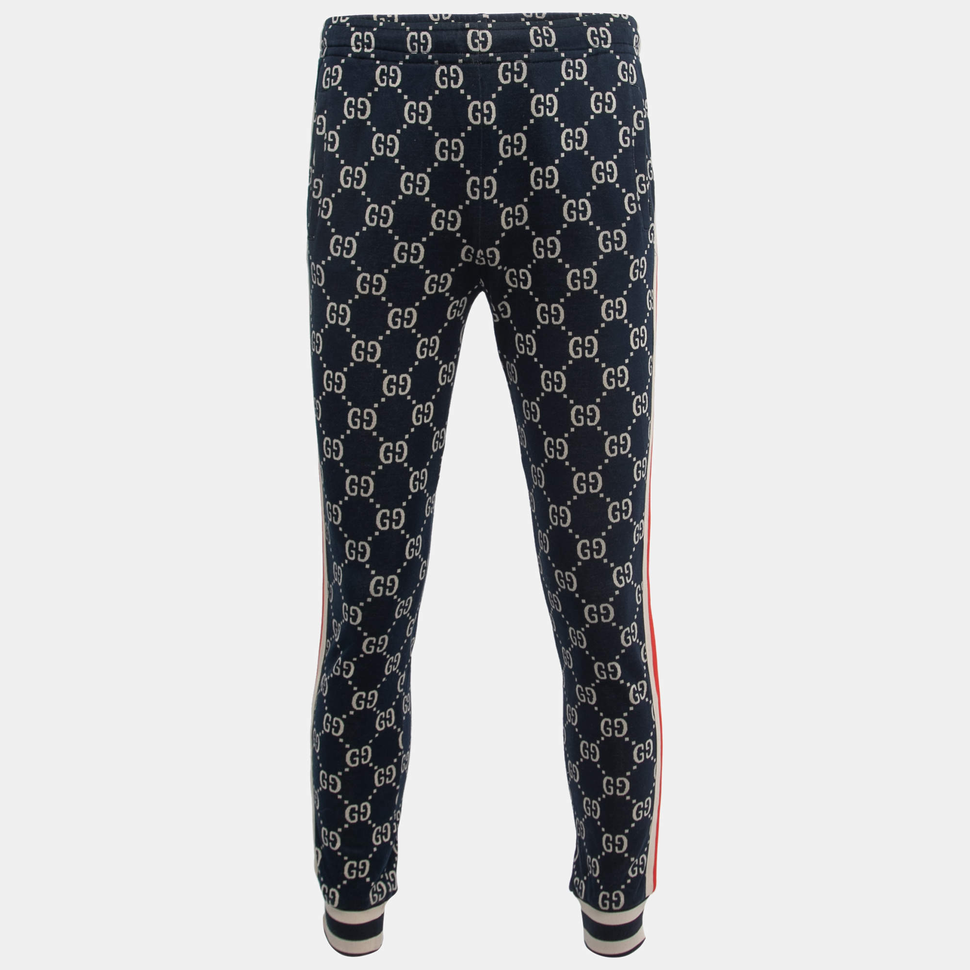 Pre Owned Gucci Navy Blue Logo Jacquard Side Stripe Detail Joggers S
