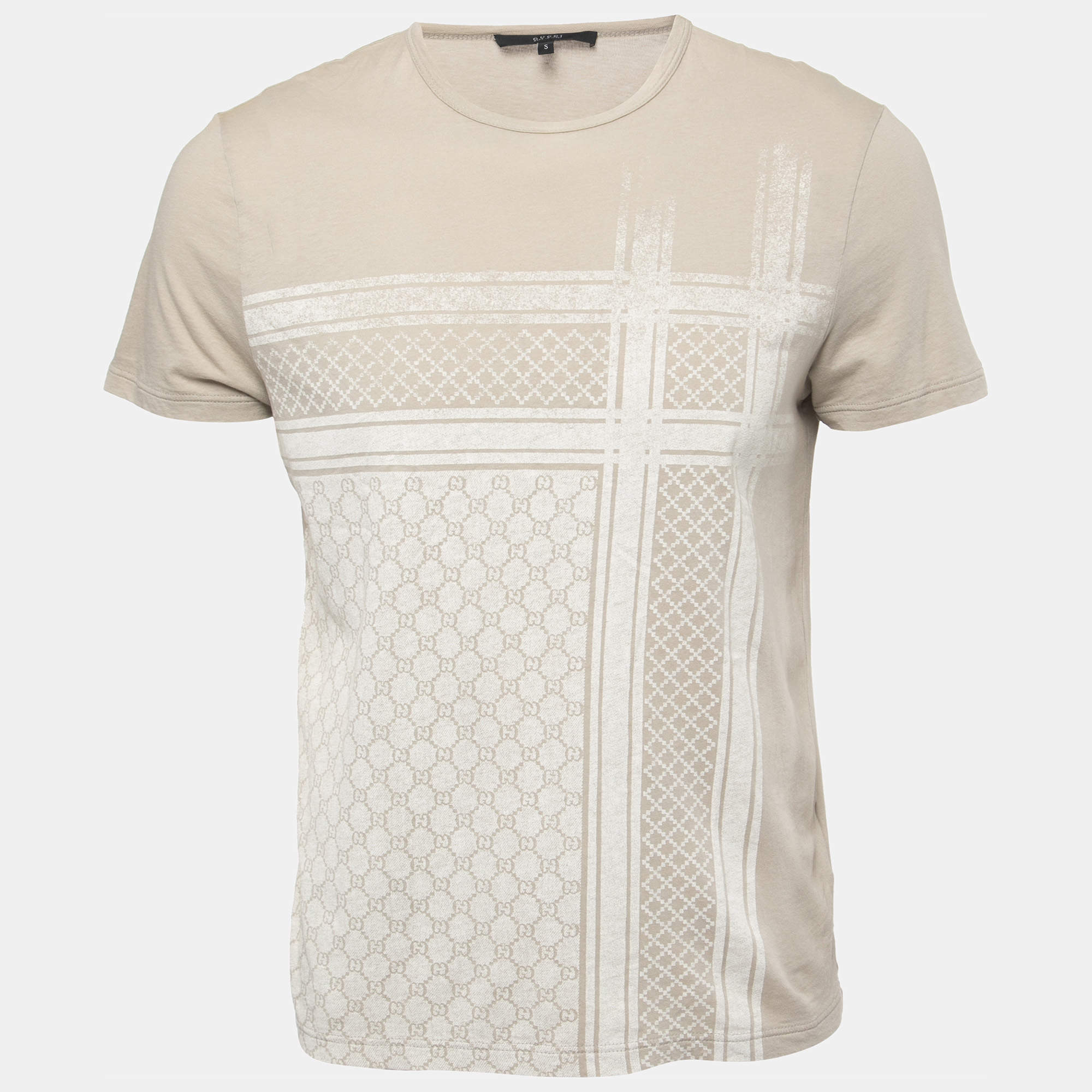 Pre Owned Gucci Beige Logo Printed Cotton Knit T-Shirt S