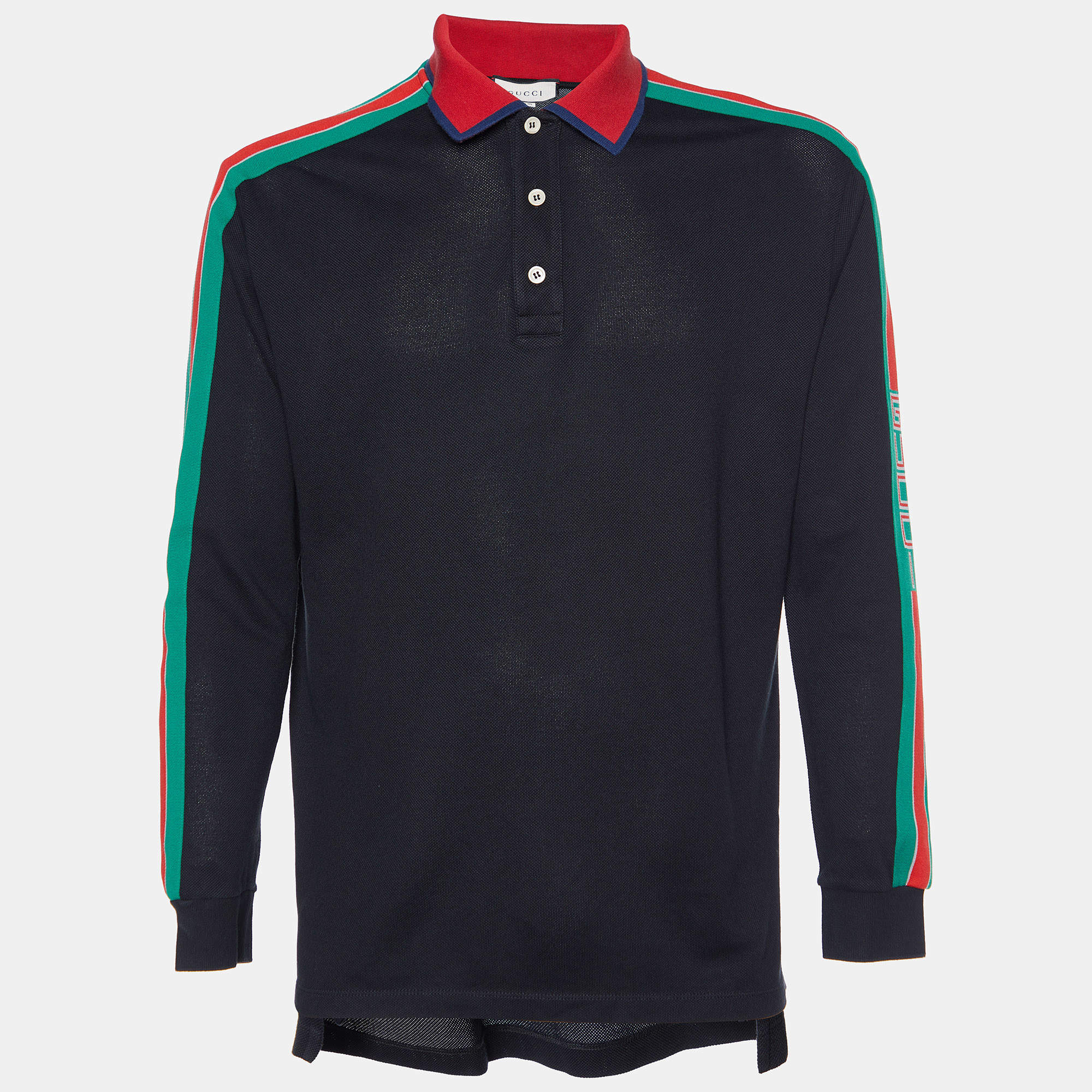 Gucci Black Cotton Pique Logo Strip Detail Long Sleeve Polo T-Shirt XL