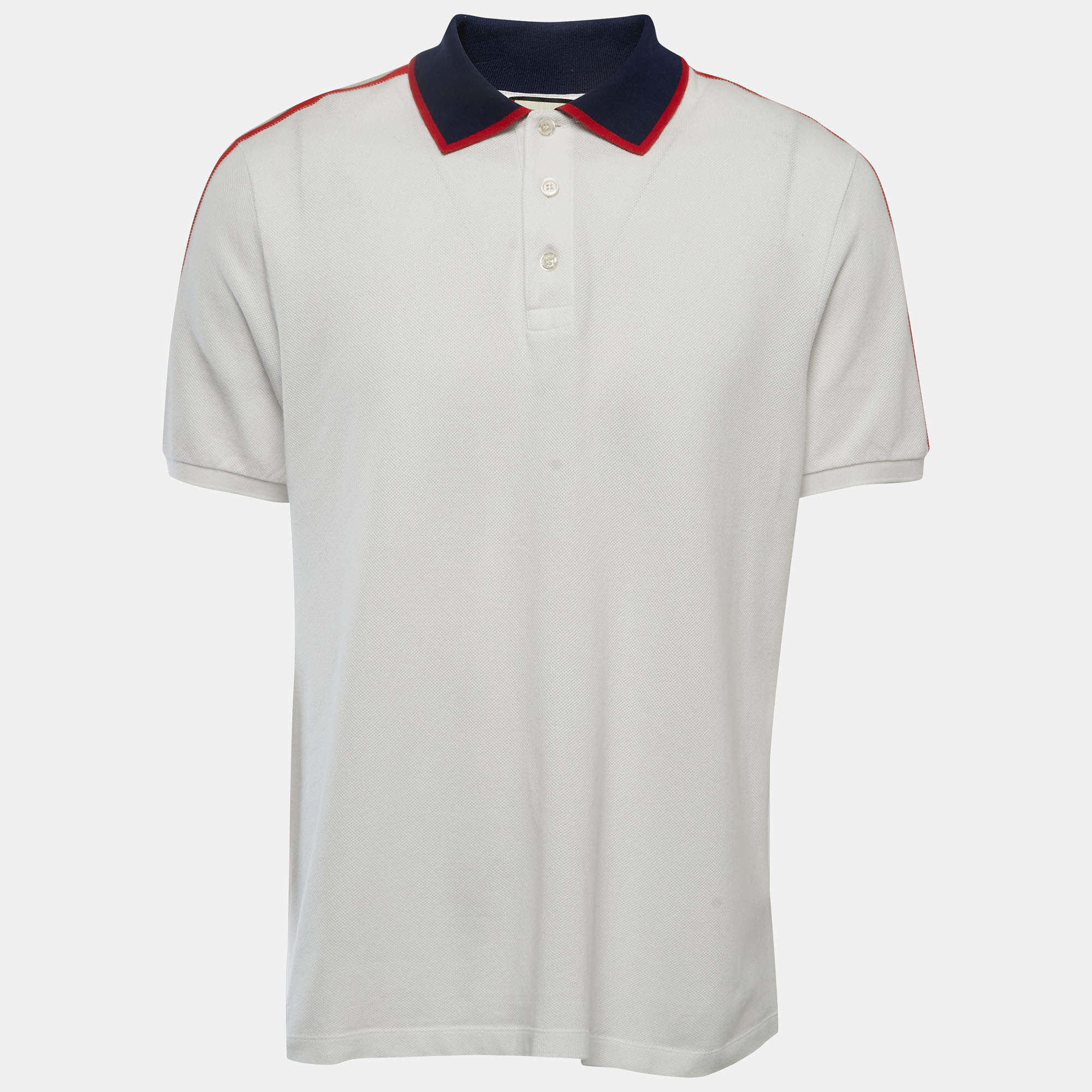 Pre Owned Gucci White Cotton Contrast Trimmed Polo T-Shirt XXL