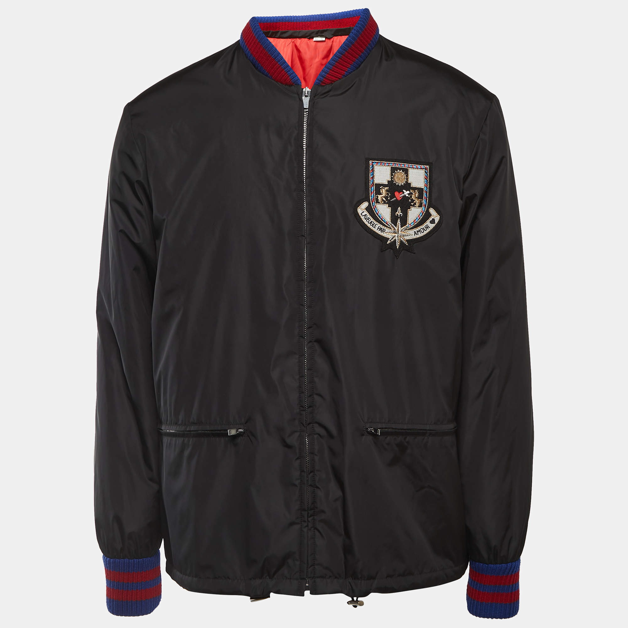 Gucci Black Nylon Patch Detailed Zip Front Jacket XL