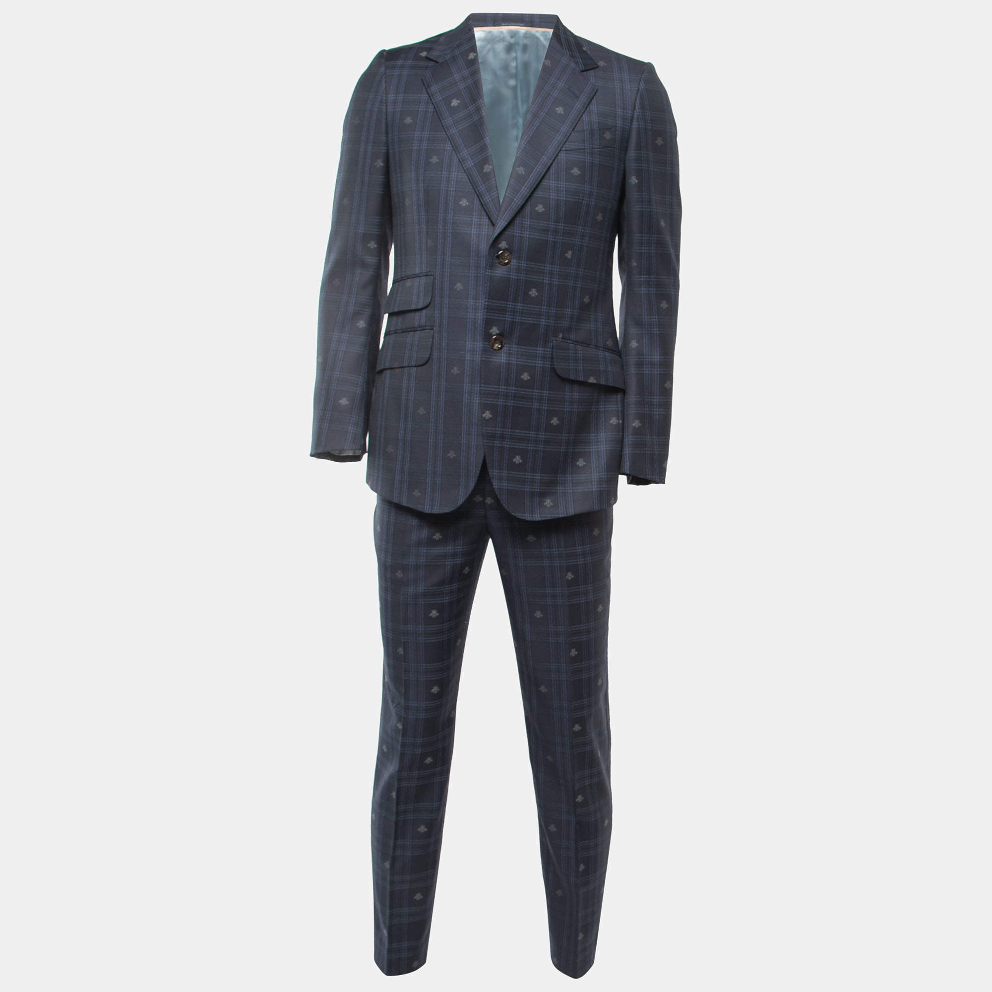Pre Owned Gucci Navy Blue Bee Patterned Plaid Wool Suit M
