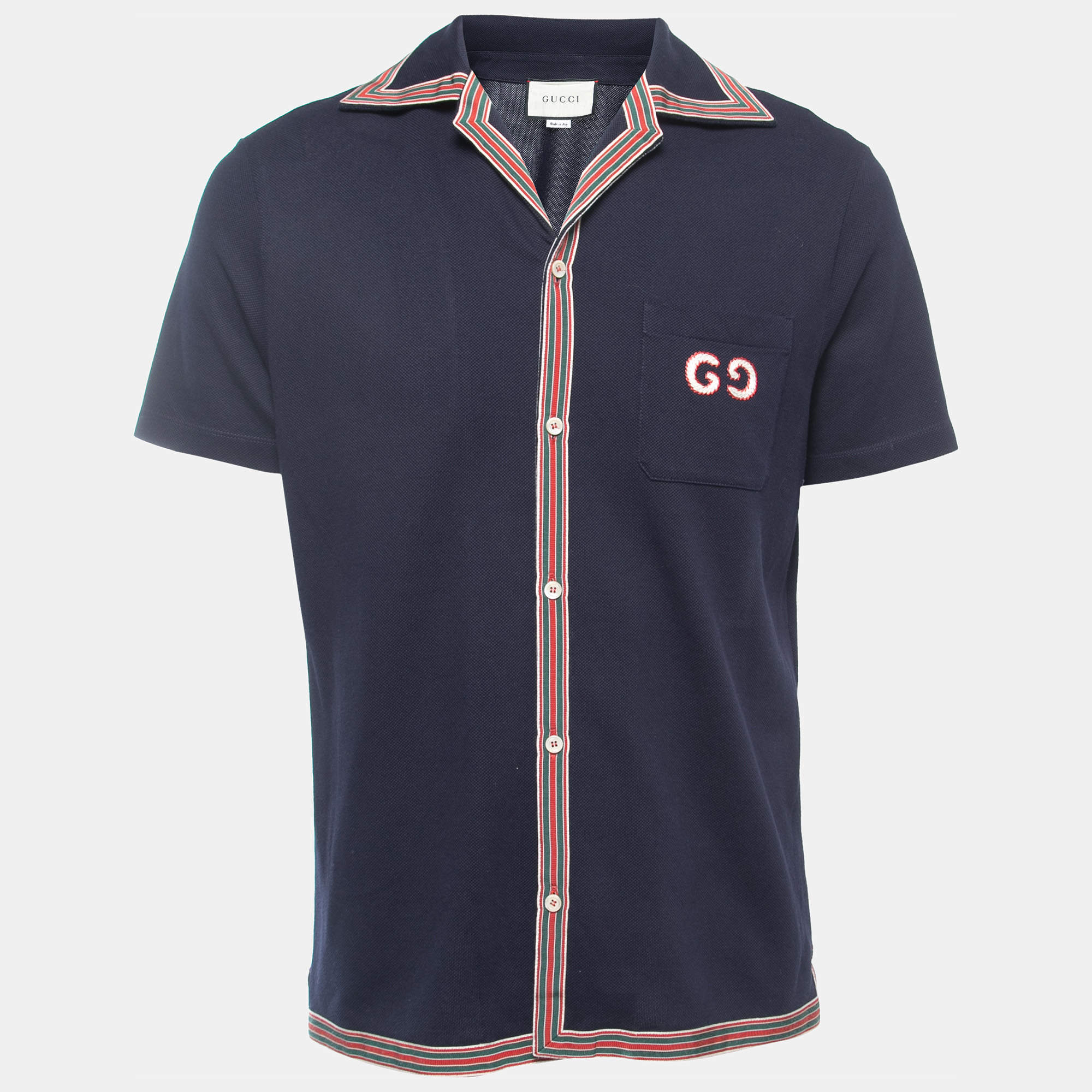Pre Owned Gucci Navy Blue Logo Embroidered Cotton Pique Web Detailed Button Front Polo T-Shirt M