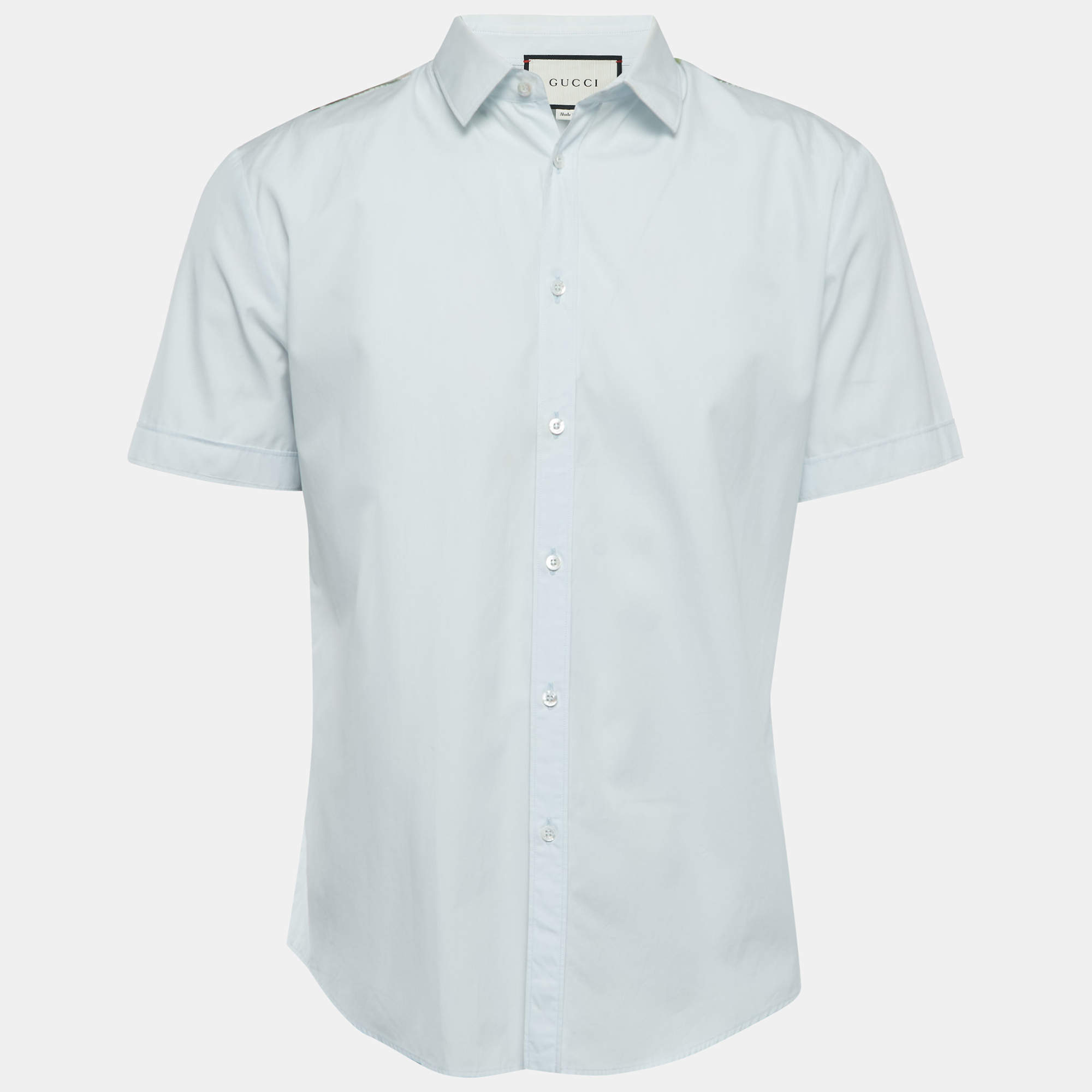 Gucci Light Blue Cotton Tiger Print Silk Insert Button Front Half Sleeve Shirt L