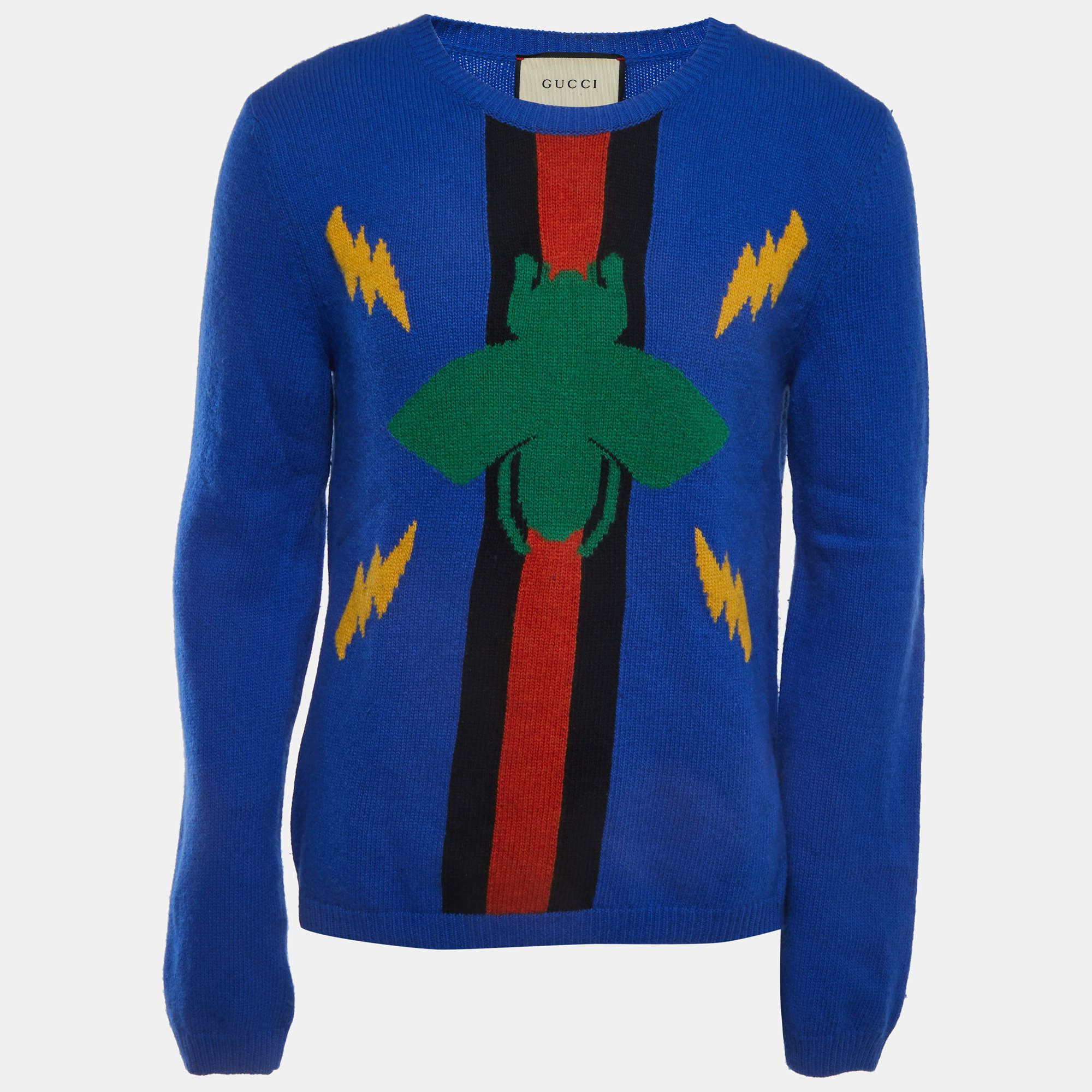 Gucci Blue Bee Accent Graphic Patterned Wool Crew Neck Sweater L