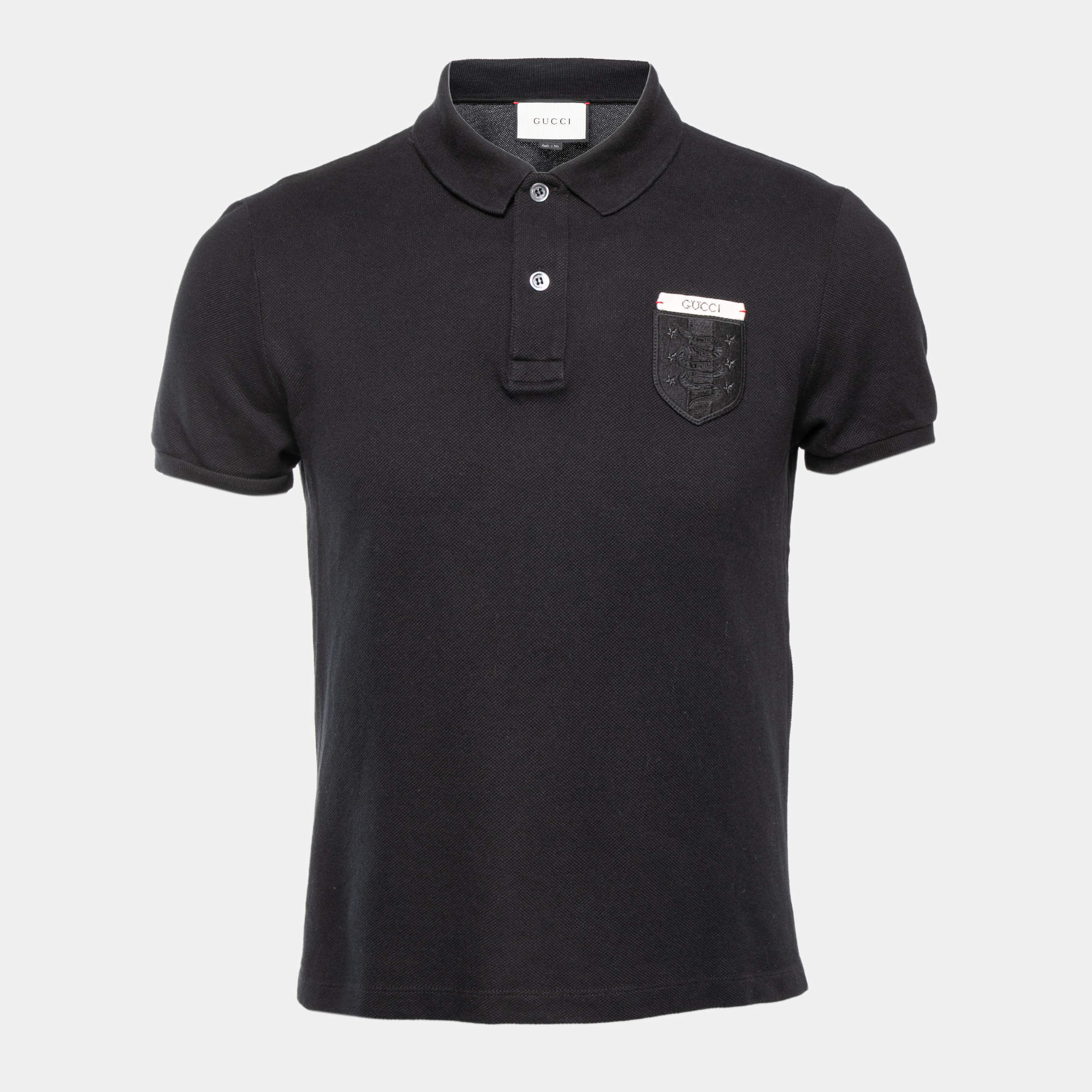 Pre Owned Gucci Black Cotton Pique Logo Patch Polo T-Shirt M