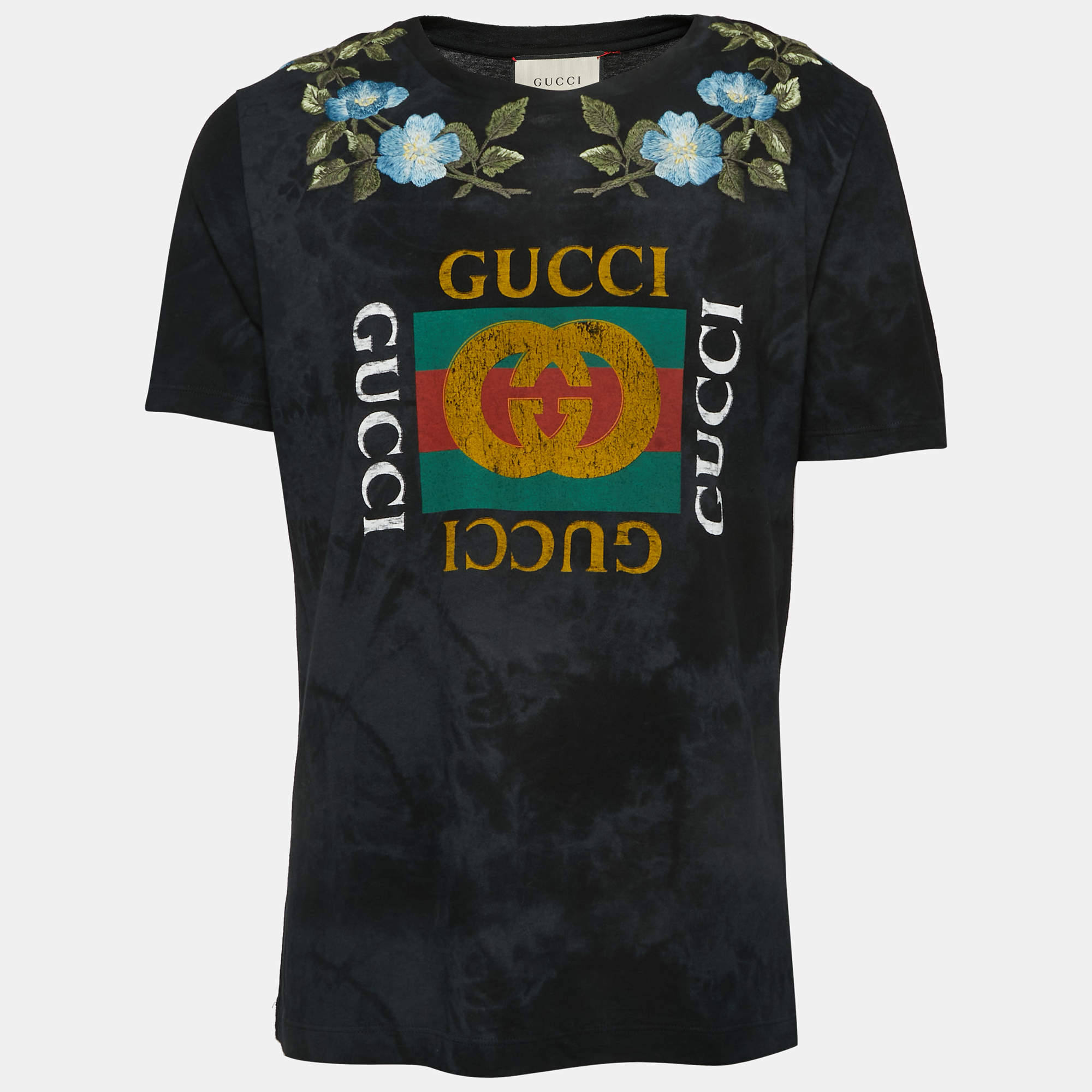 Gucci Black Flower Embroidered Print Distressed Cotton Crew neck Half Sleeve T-Shirt M