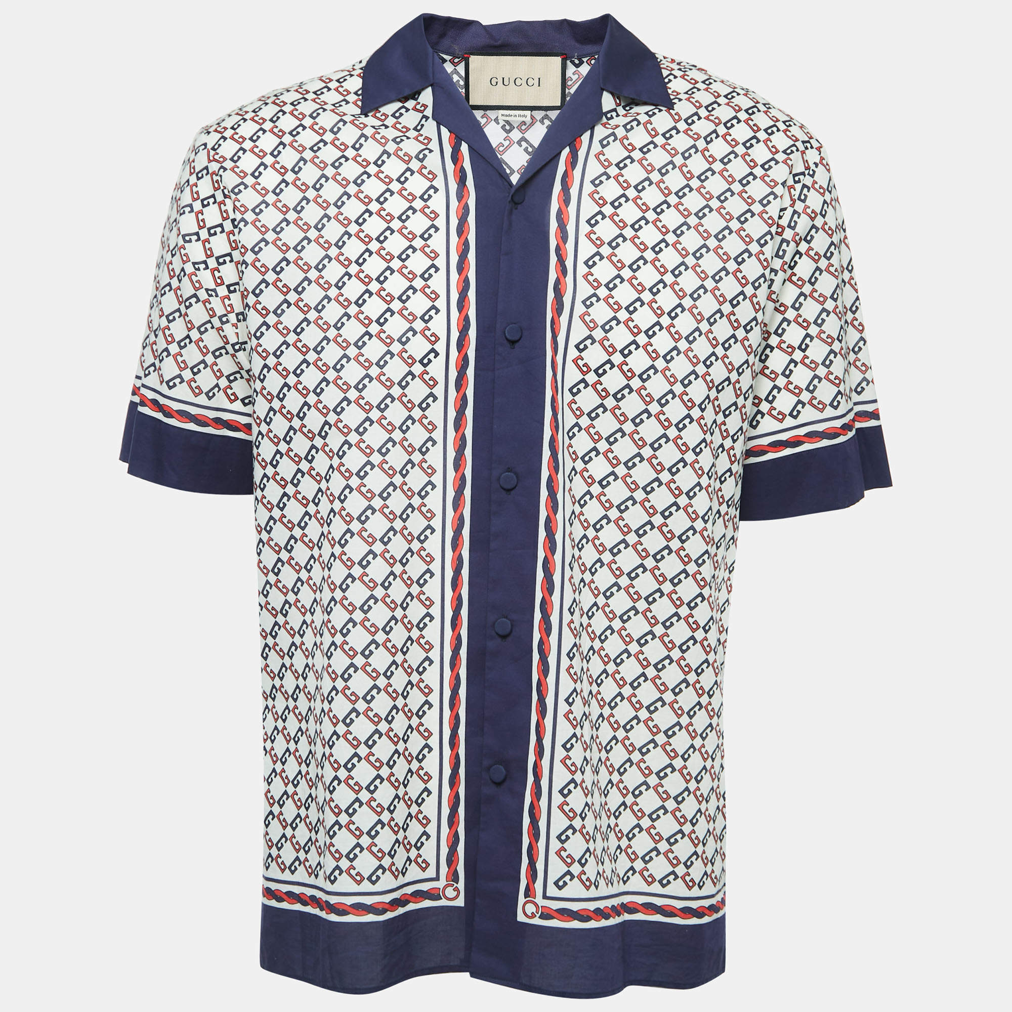 Gucci Cream Geometric G Print Cotton Muslin Bowling Shirt M