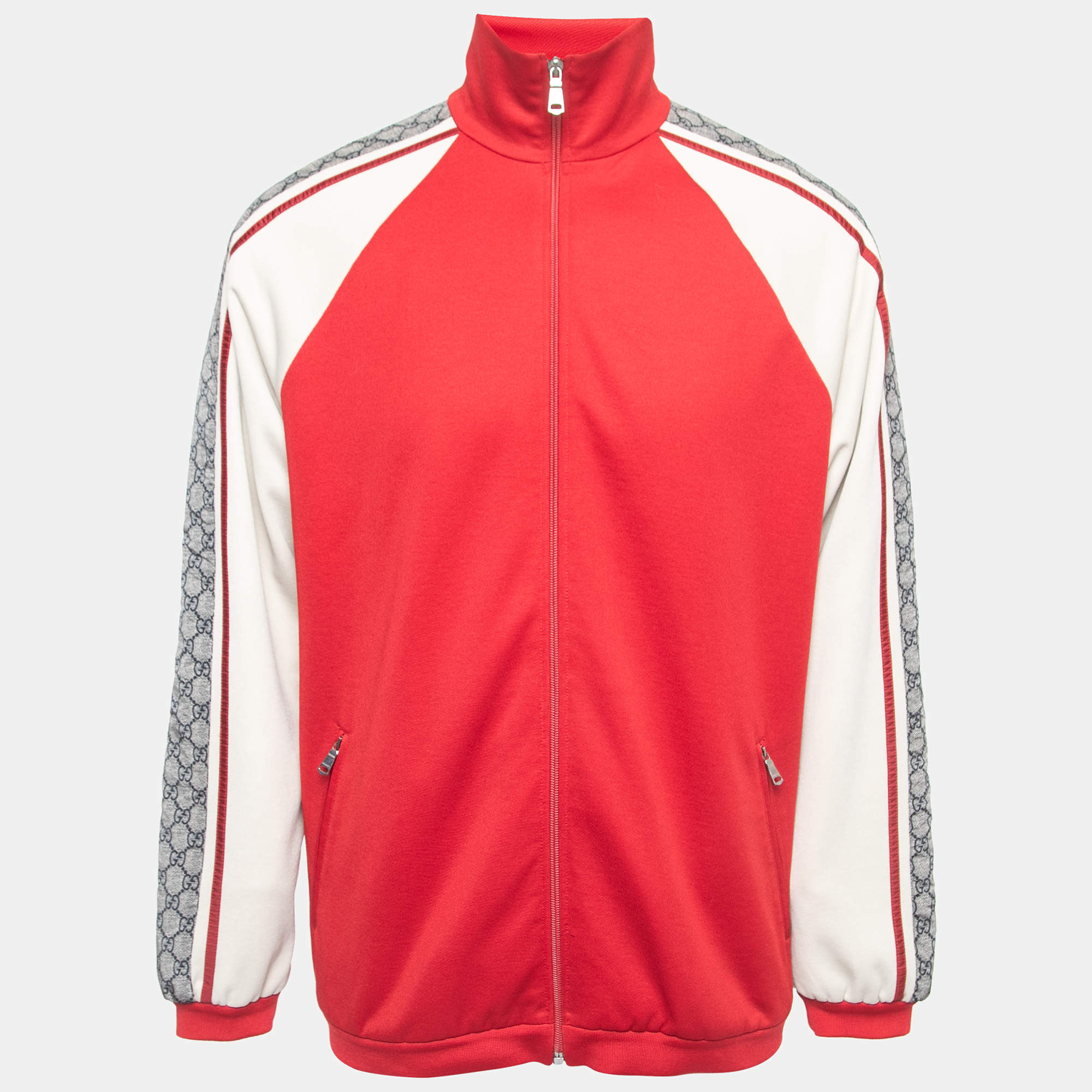 Pre Owned Gucci Red Jersey & Nylon GG Paneled Track Jacket S