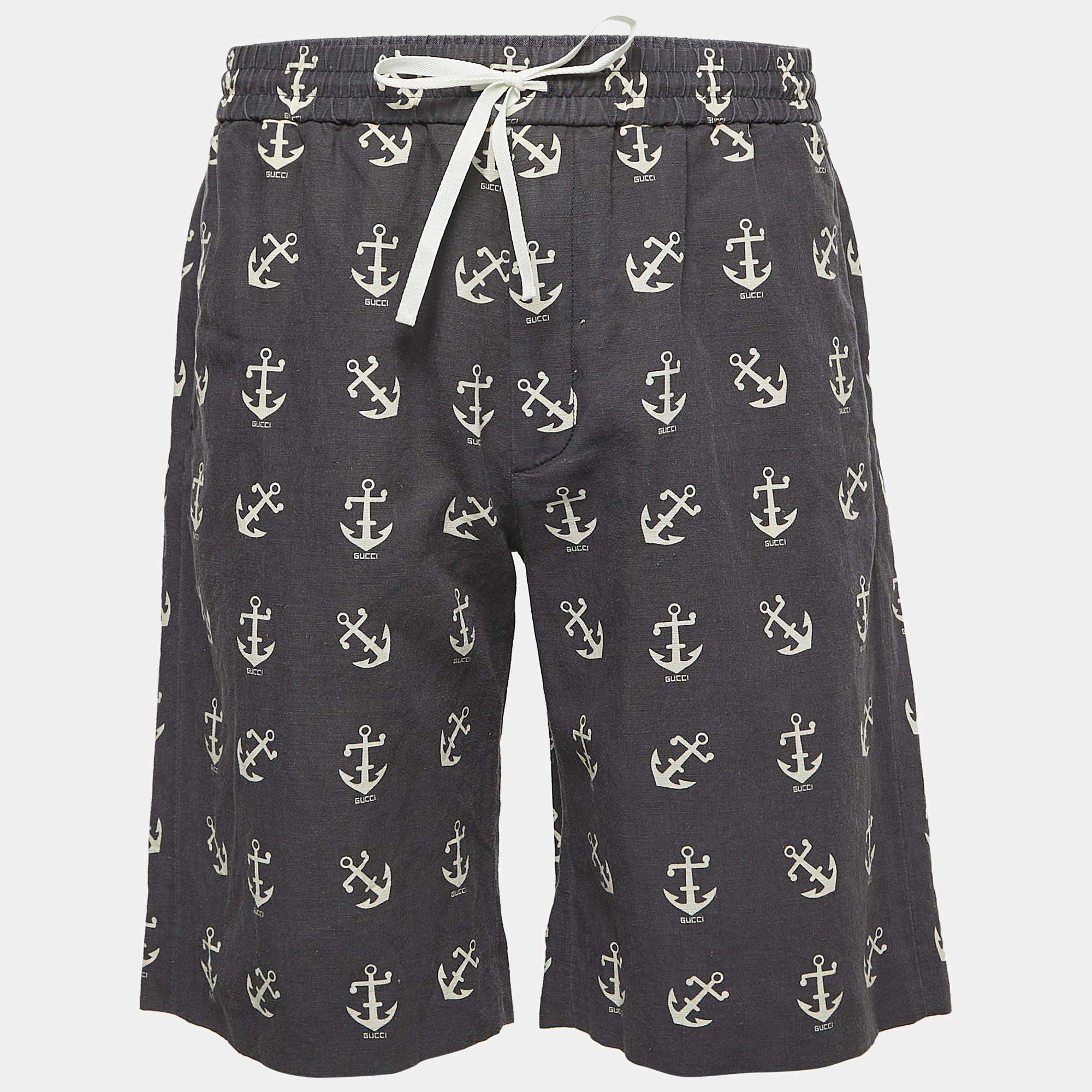 Gucci Dark Grey Anchor Print Linen Blend Drawstring Shorts M