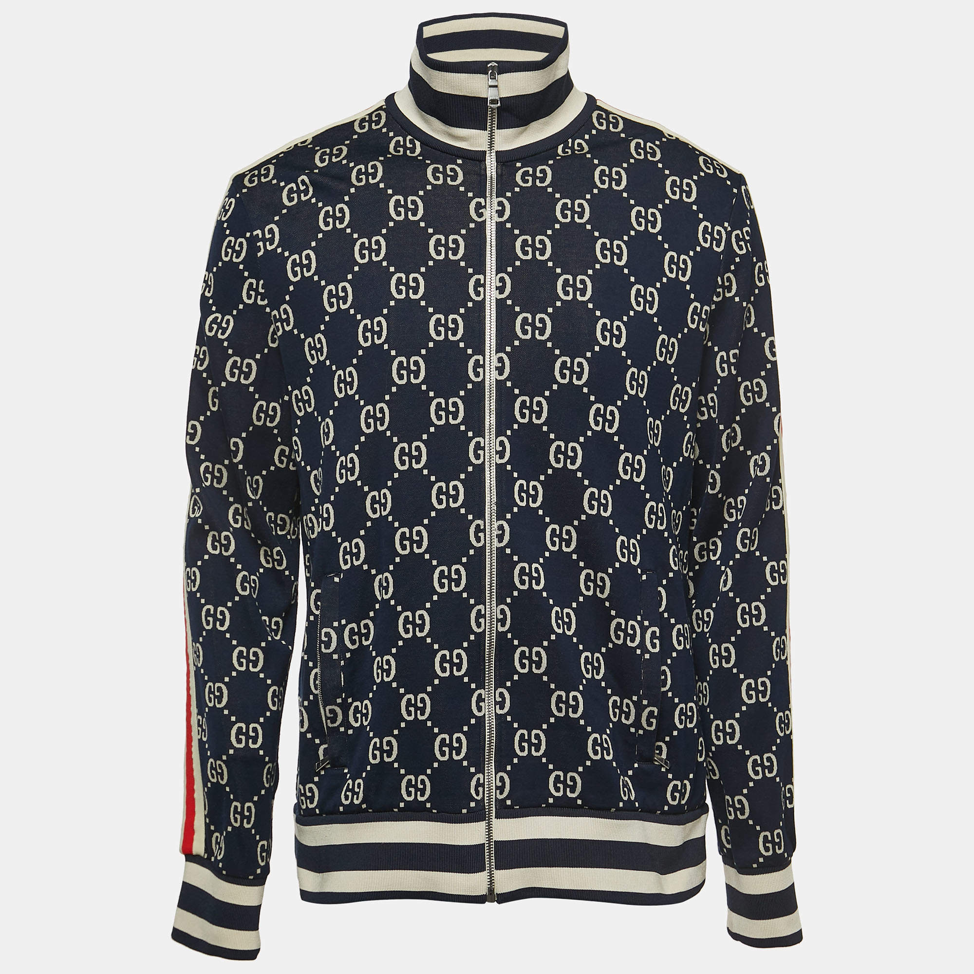 Gucci Navy Blue All-Over Logo Print Jersey Track Jacket 2XL