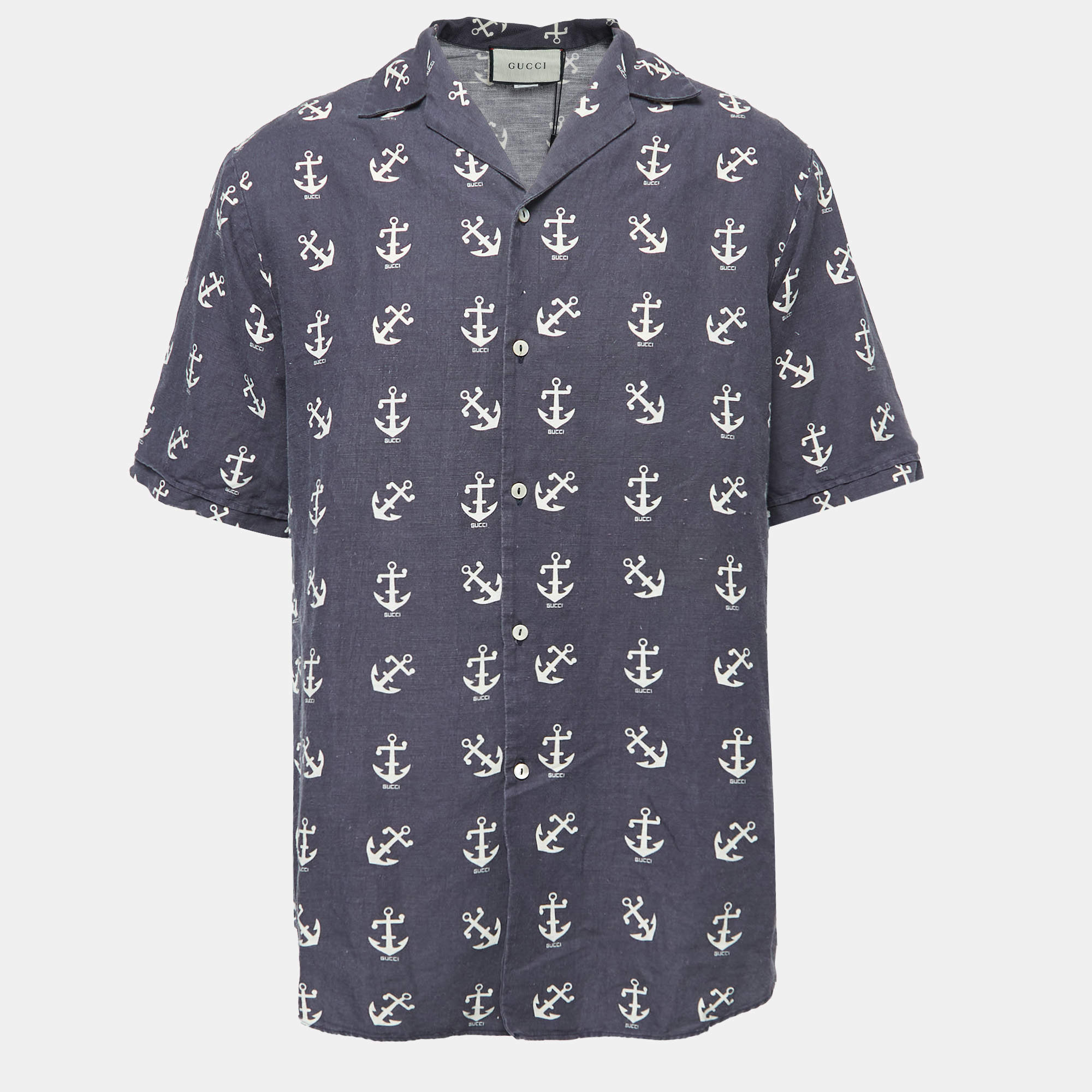 Pre Owned Gucci Black Anchor Print Linen Blend Oversized Bowling Shirt M