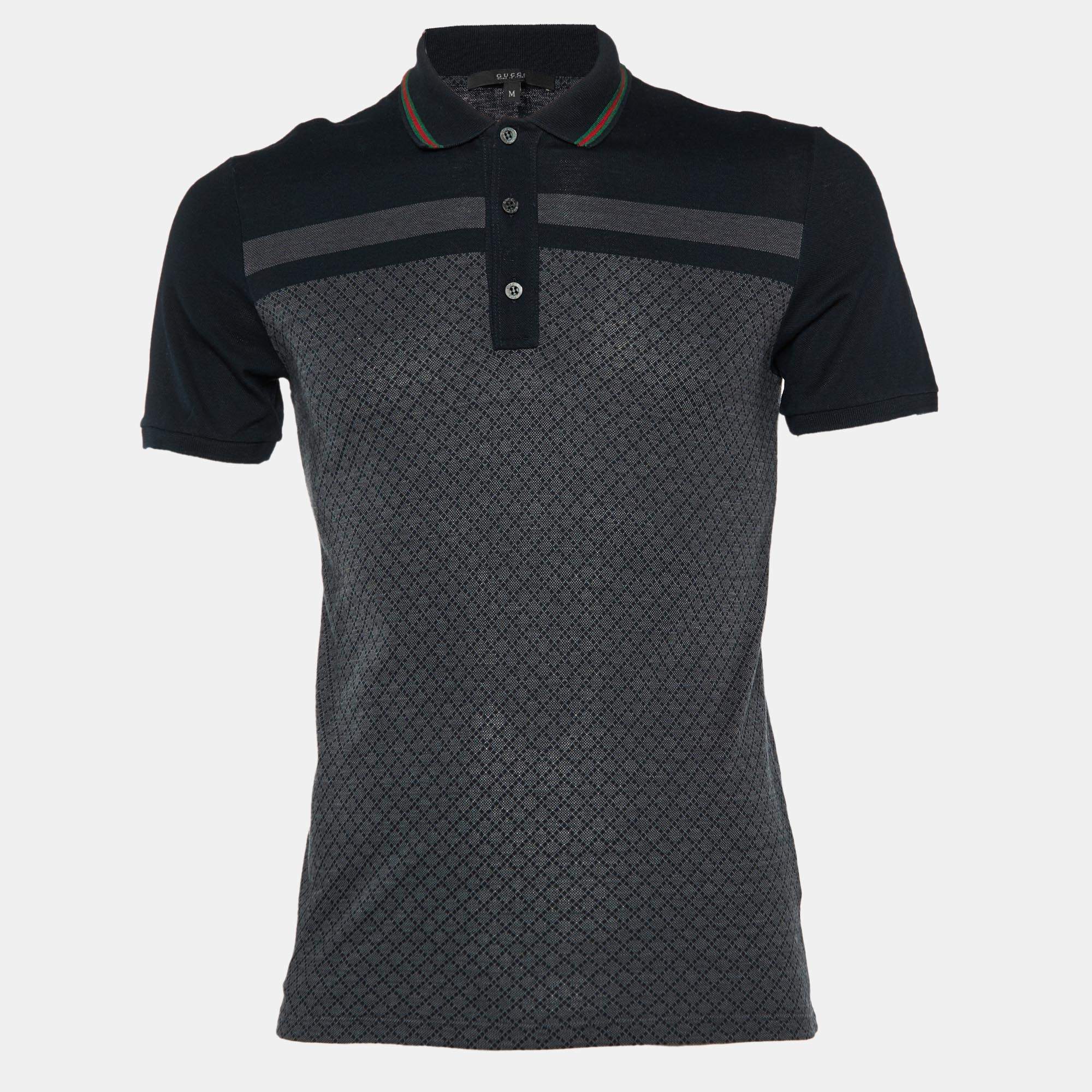 Gucci Navy Blue Patterned Cotton Pique Knit Polo T-Shirt M