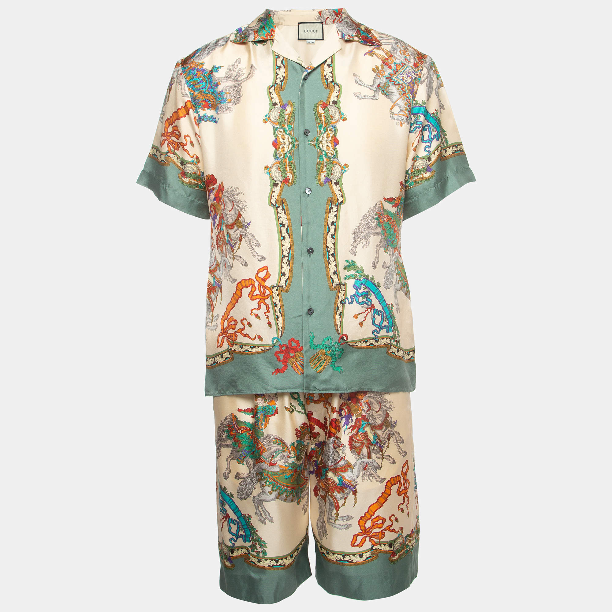 Gucci Multicolor Warrior Print Silk Shorts Shirt Set M