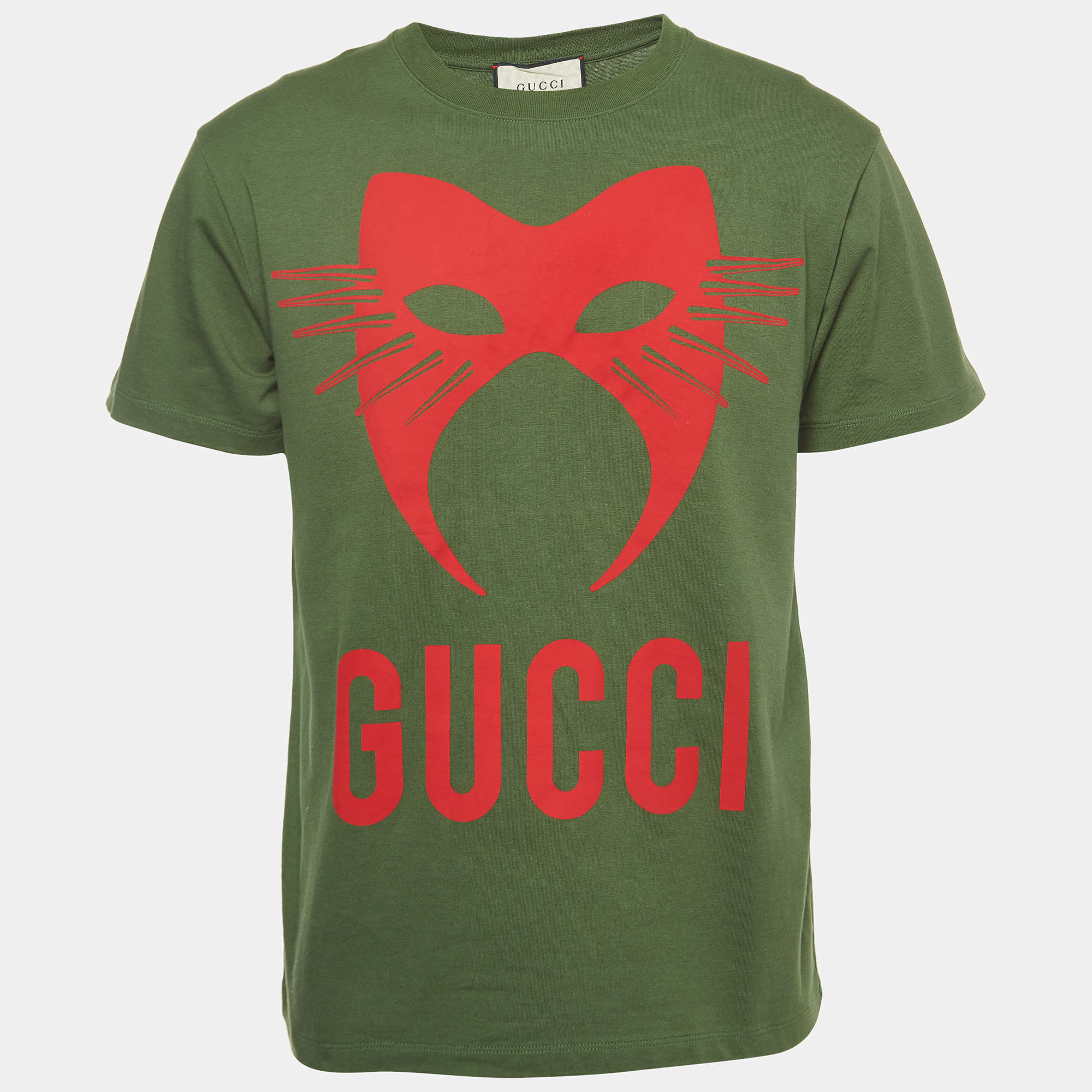 Pre Owned Gucci Green Manifesto Mask Print Cotton Crew Neck T-Shirt XS