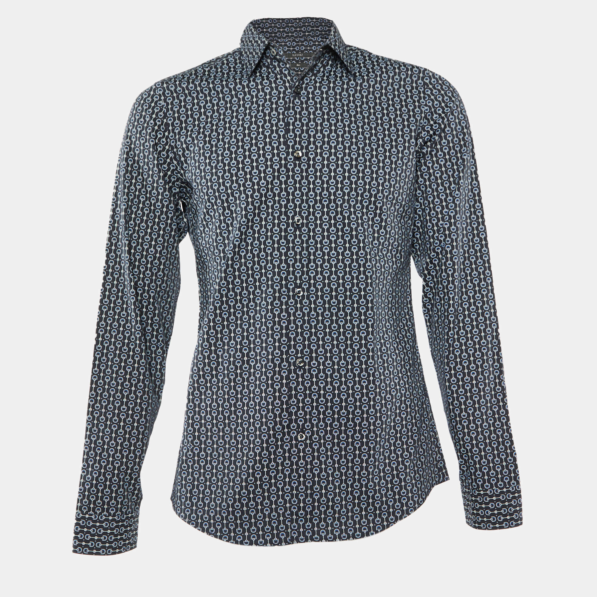 Pre Owned Gucci Black Horsebit Print Cotton Slim Fit Long Sleeve Shirt S