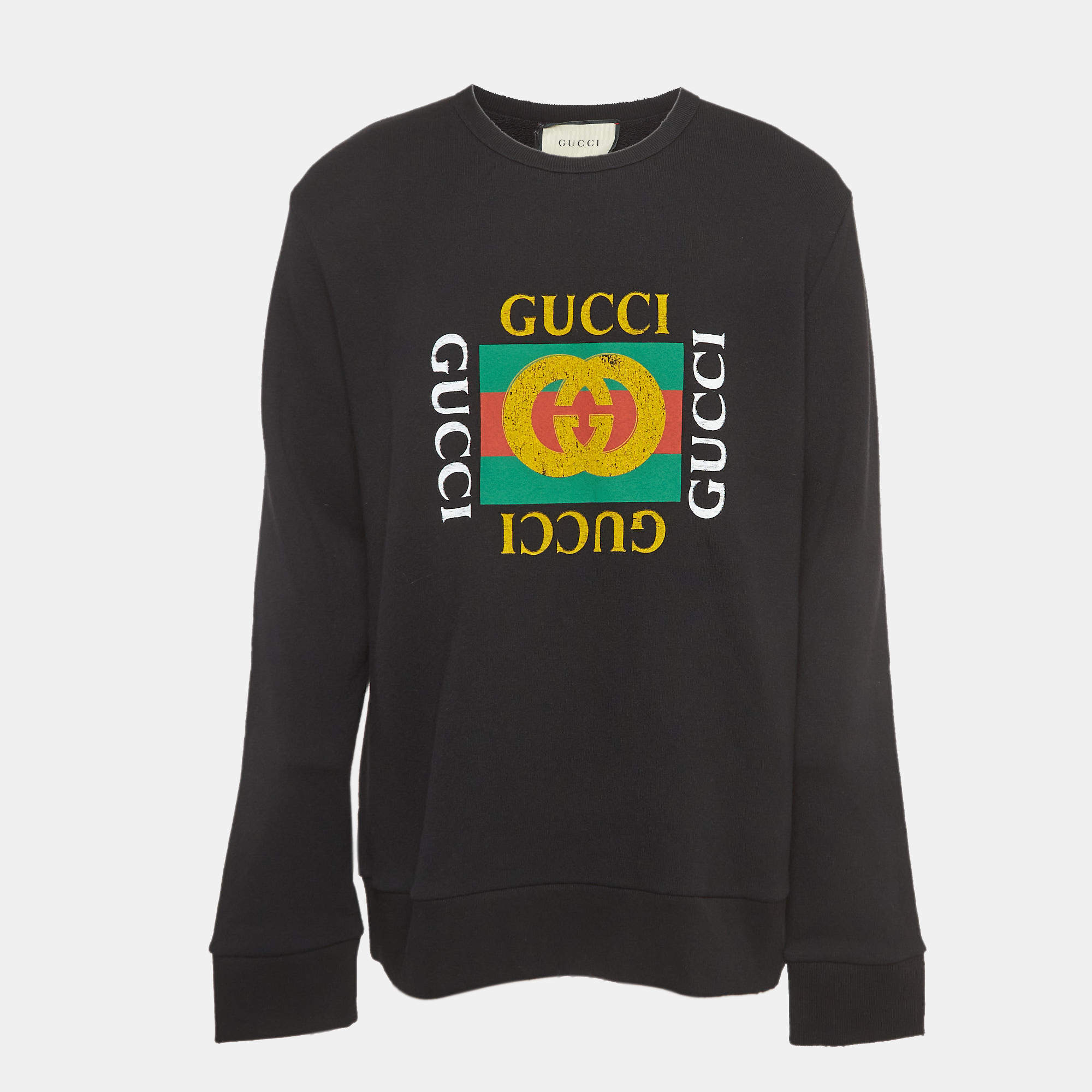 Pre Owned Gucci Black Cotton Logo Printed Sweatshirt 2XL