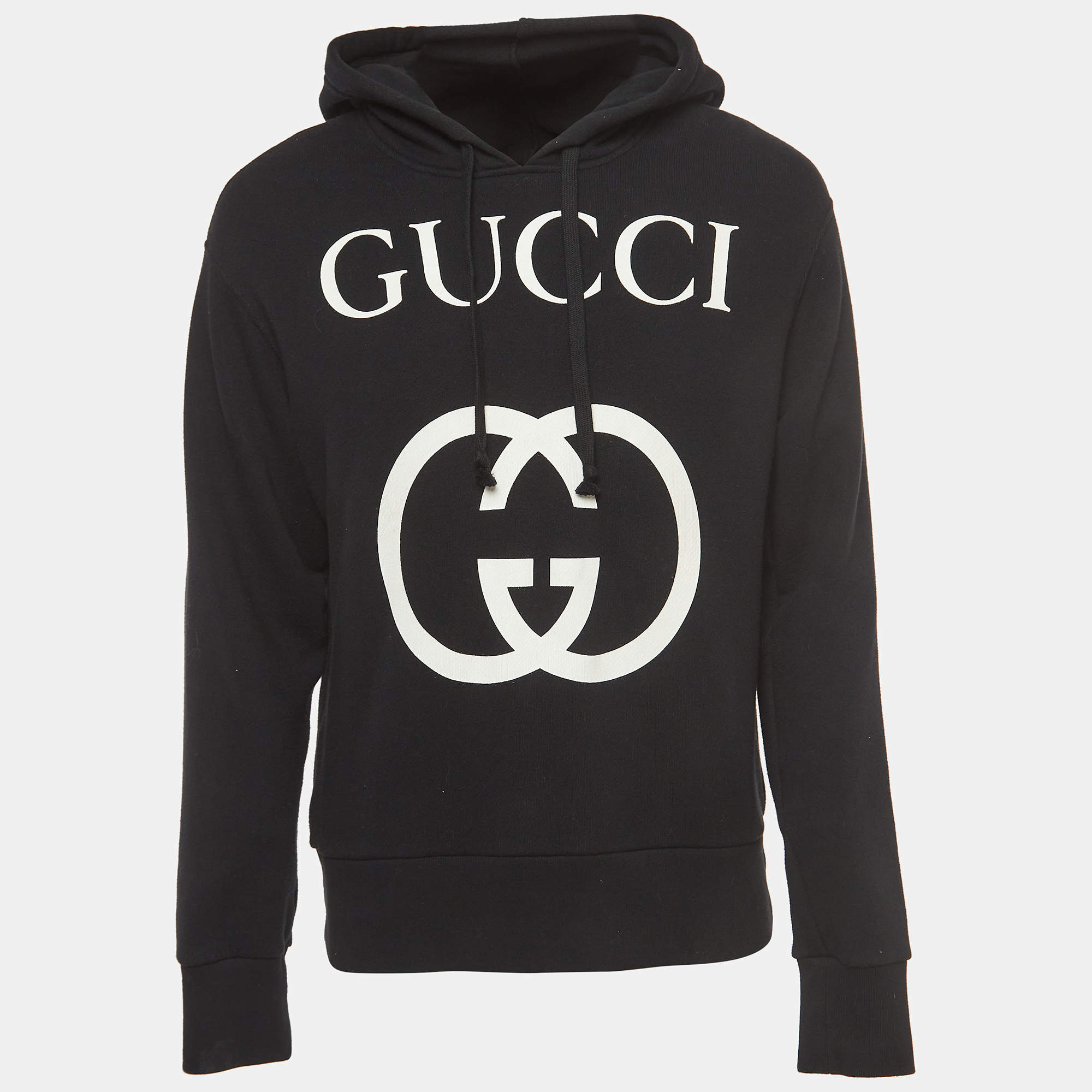 Gucci Black Logo Printed Cotton Knit Hooded Sweatshirt XS