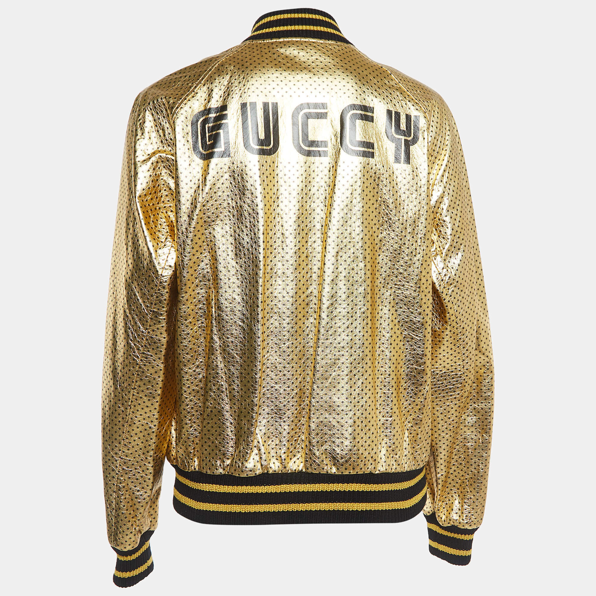 Gucci Gold Metallic Stars Print Crinkle Leather Bomber Jacket XS Gucci TLC