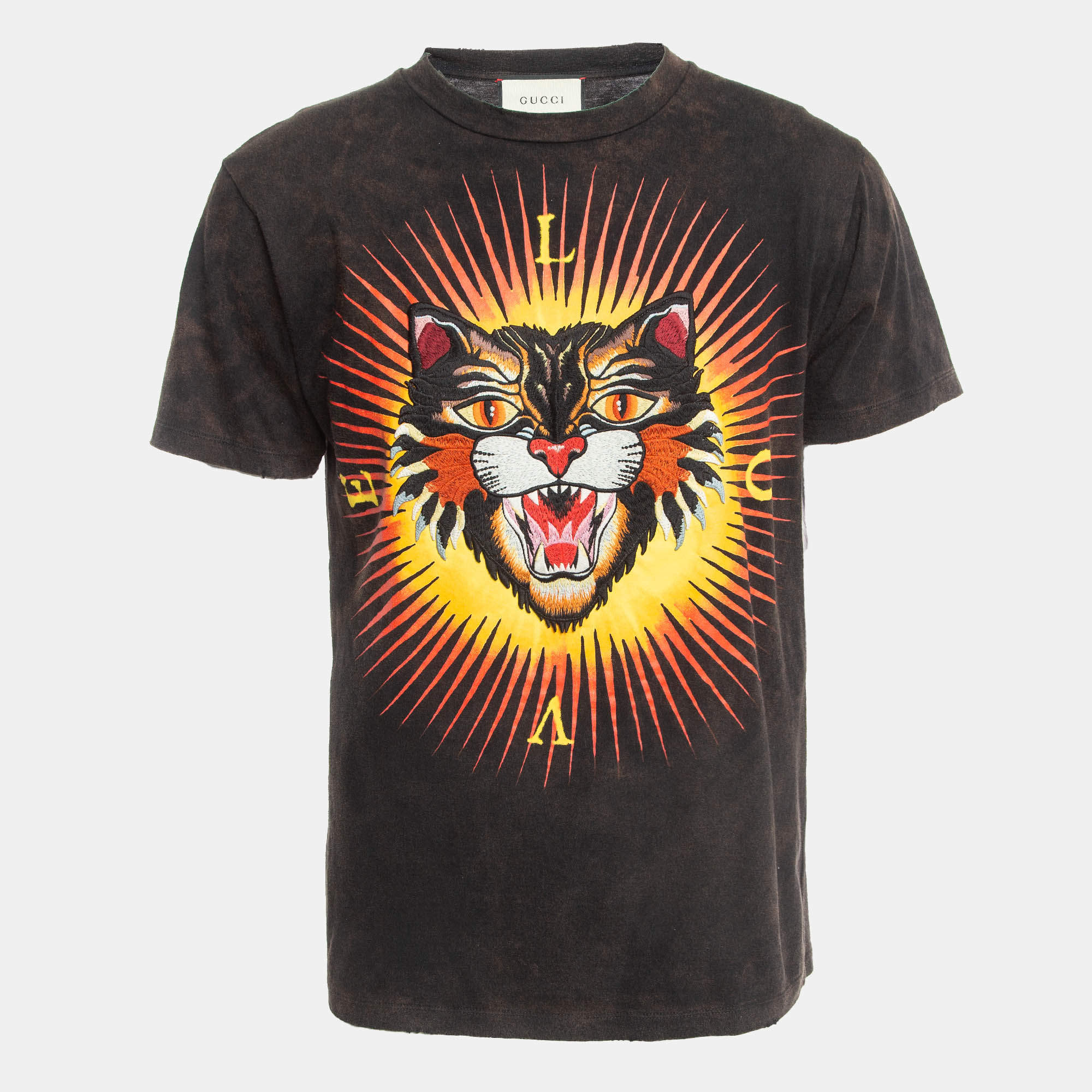 Gucci Brown Tiger Motif Applique Cotton Crew Neck T-Shirt XS