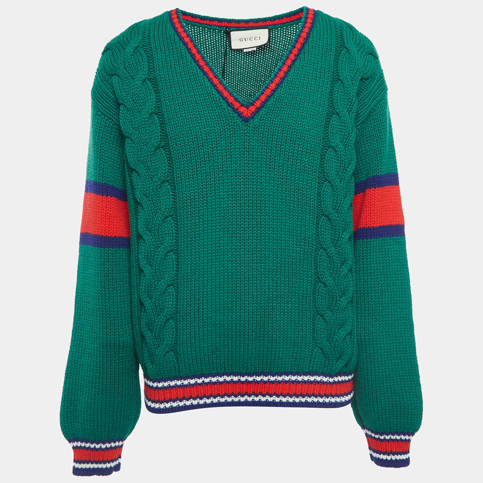 Pre Owned Gucci Green Wool Cable Knit V-Neck Sweater L
