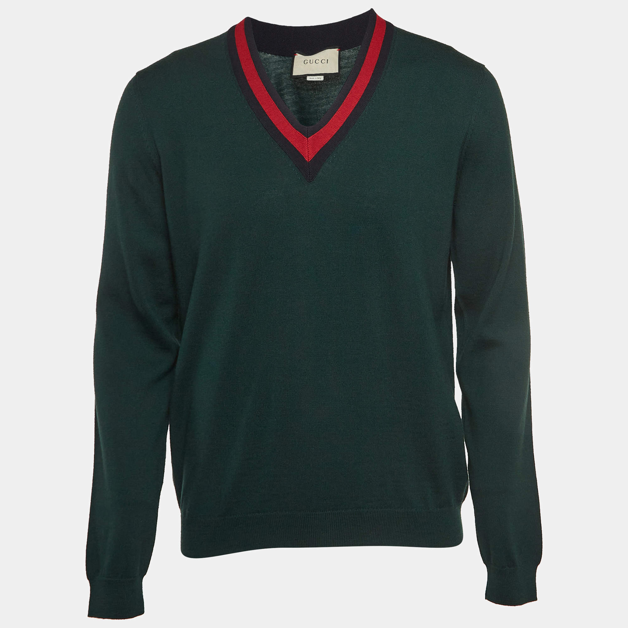 مملوكة مسبقًا Gucci Green Wool Web Detail V-Neck Jumper XL