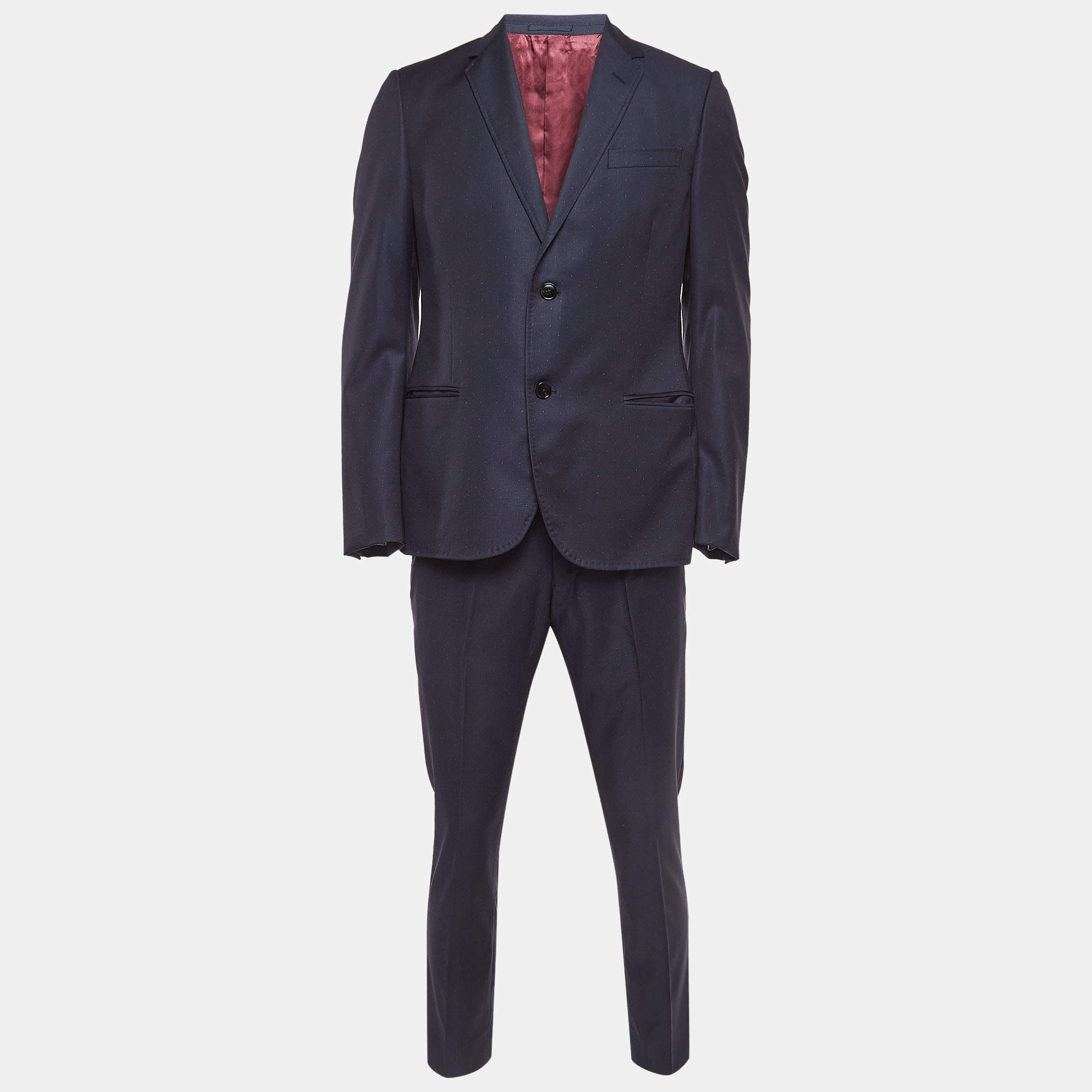 Pre Owned Gucci Navy Blue Dotted Wool Single Breasted Suit XL 