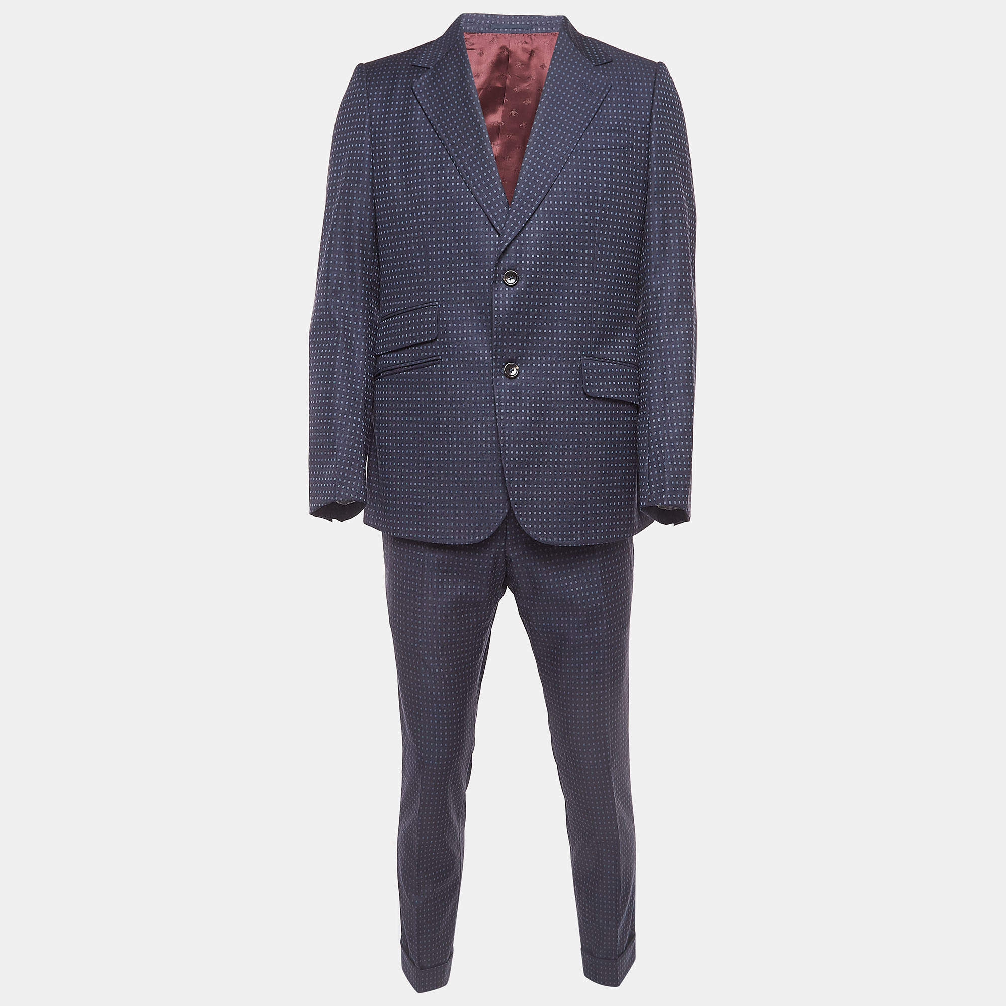 Gucci Navy Blue Checked Wool Single Breasted Suit L