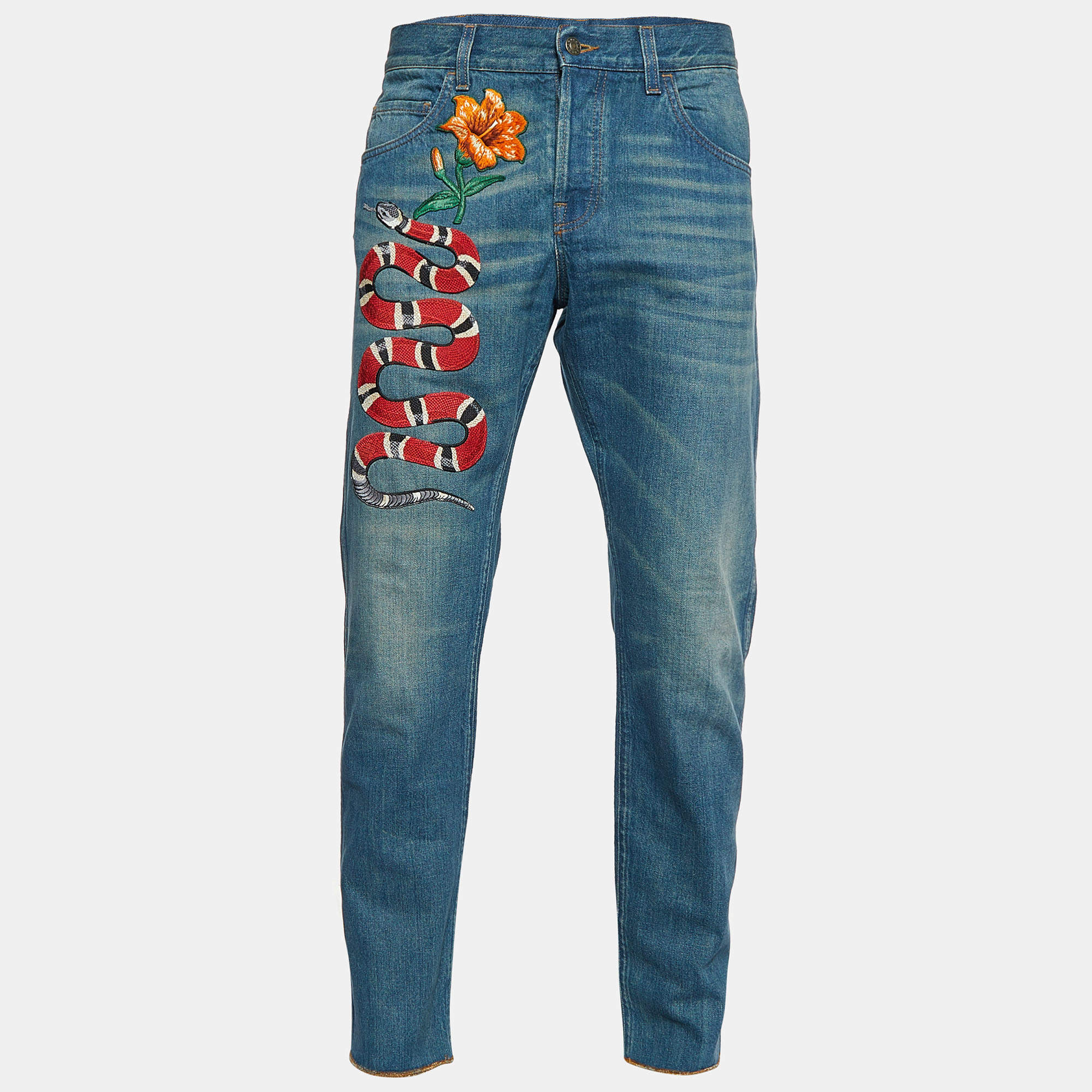 Gucci Blue Denim Snake Embroidered Regular Fit Jeans L/Waist 37 